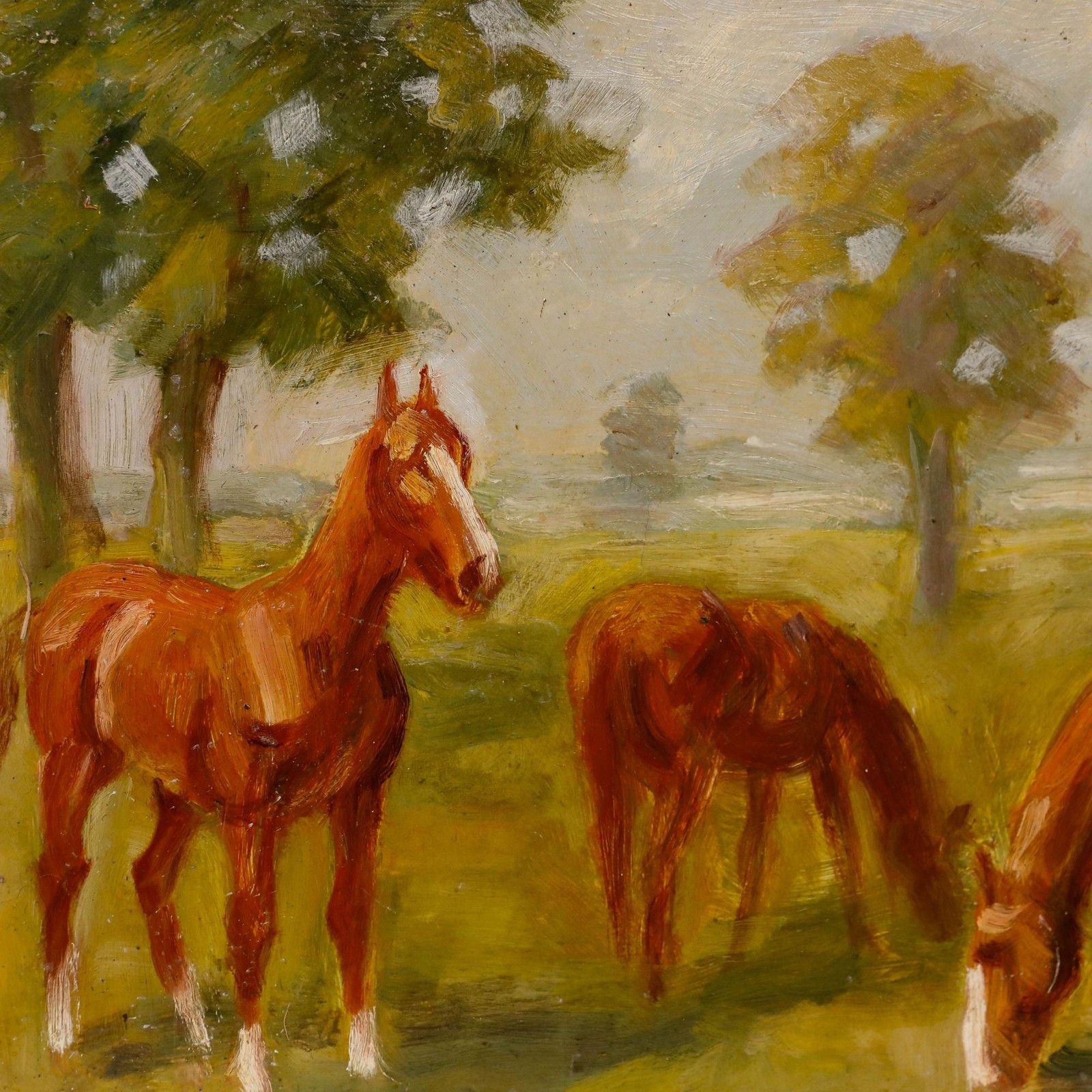 Kurt Glauber (1886 1963) Mid 20th Century Oil, Chestnut Horses Grazing photo Art