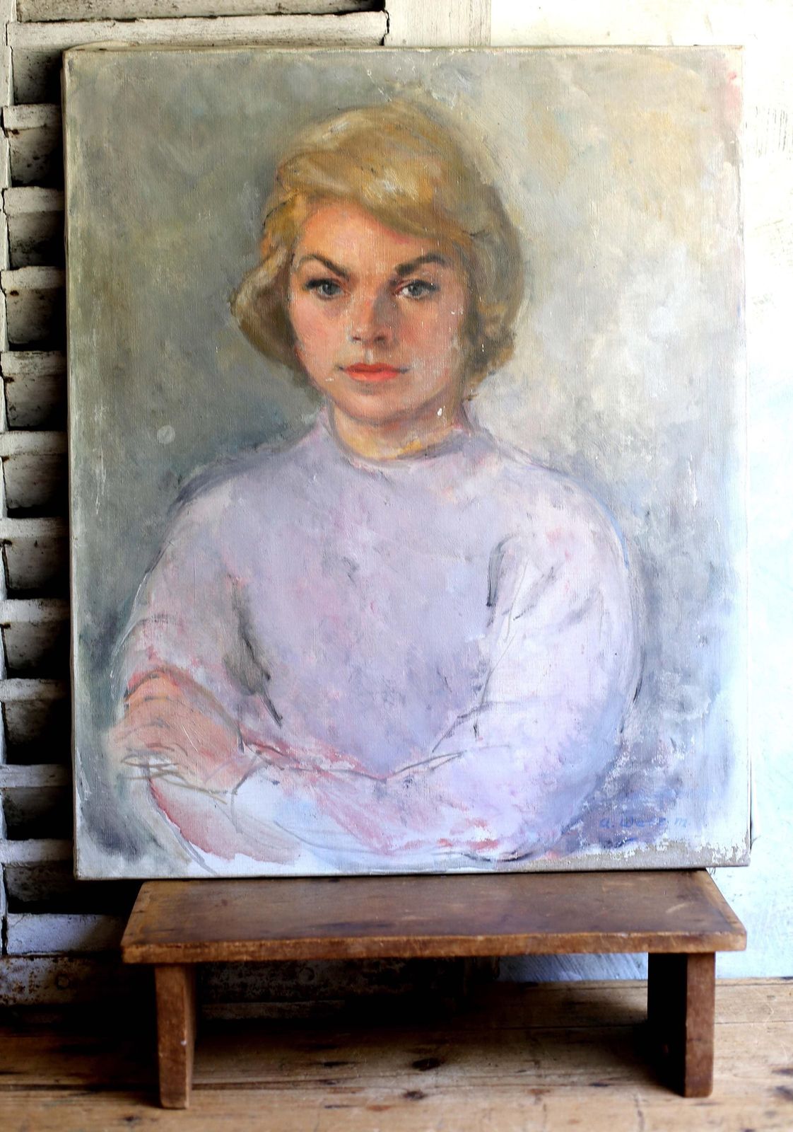 Vintage Portrait Oil Painting Of A Woman Mid Century Art photo for sale