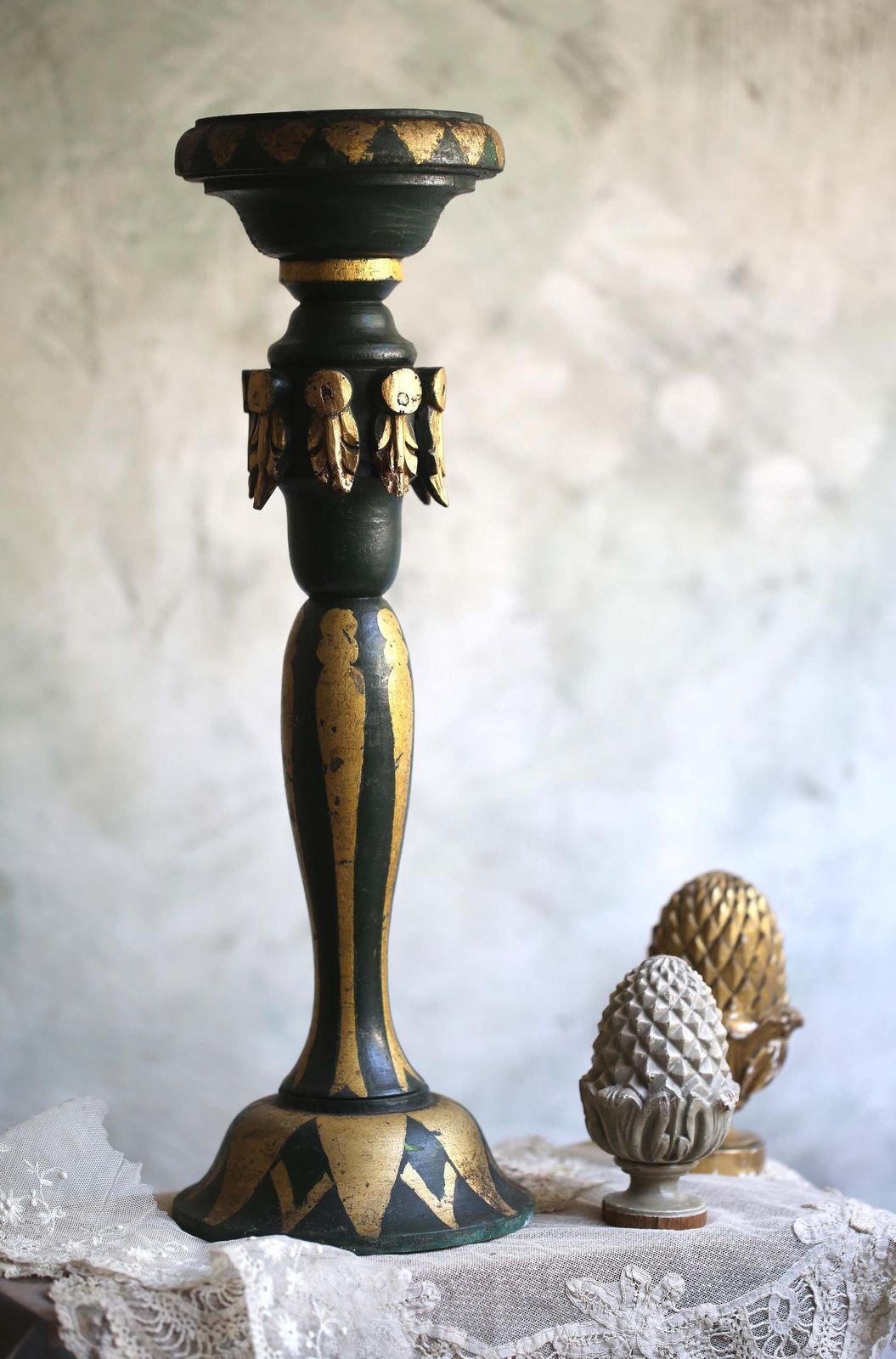 Antique Pedestal Green And Gold Painted Column Wooden Statue Stand