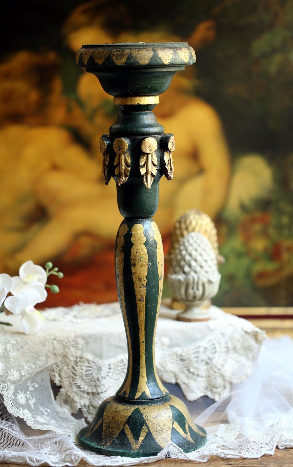 Antique Pedestal Green And Gold Painted Column Wooden Statue Stand photo furniture