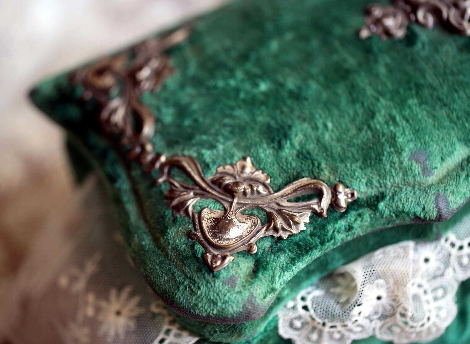 Antique French Green Velvet Jewellery Box Rococo Trinket Casket photo vinterior