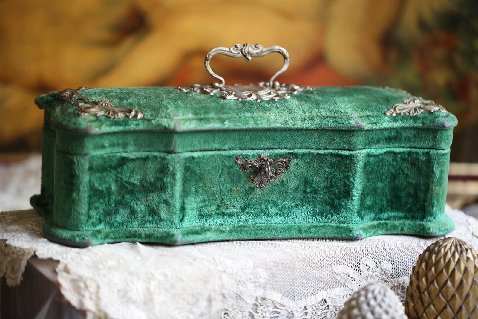 Antique French Green Velvet Jewellery Box Rococo Trinket Casket photo buy