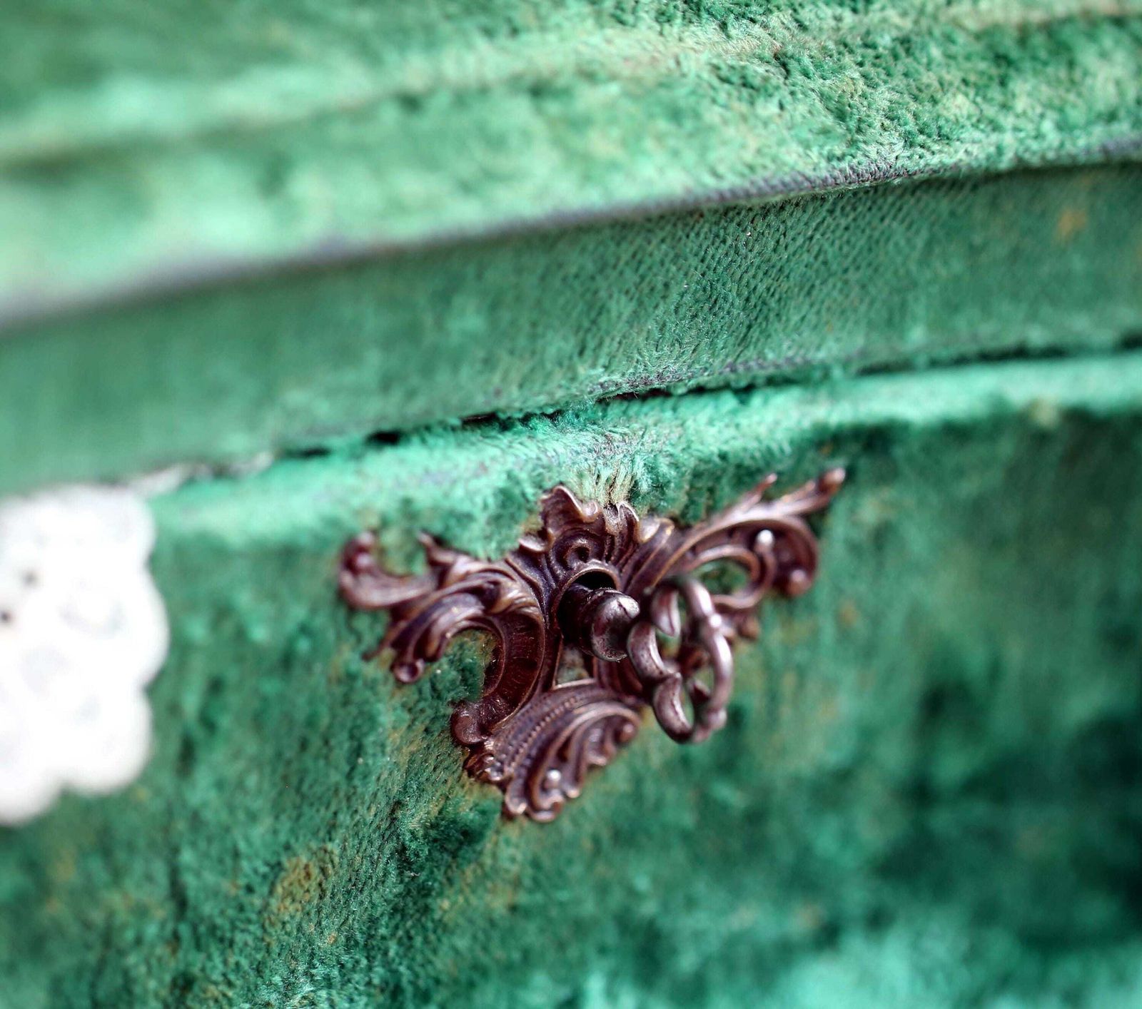 Antique French Green Velvet Jewellery Box Rococo Trinket Casket photo vintage