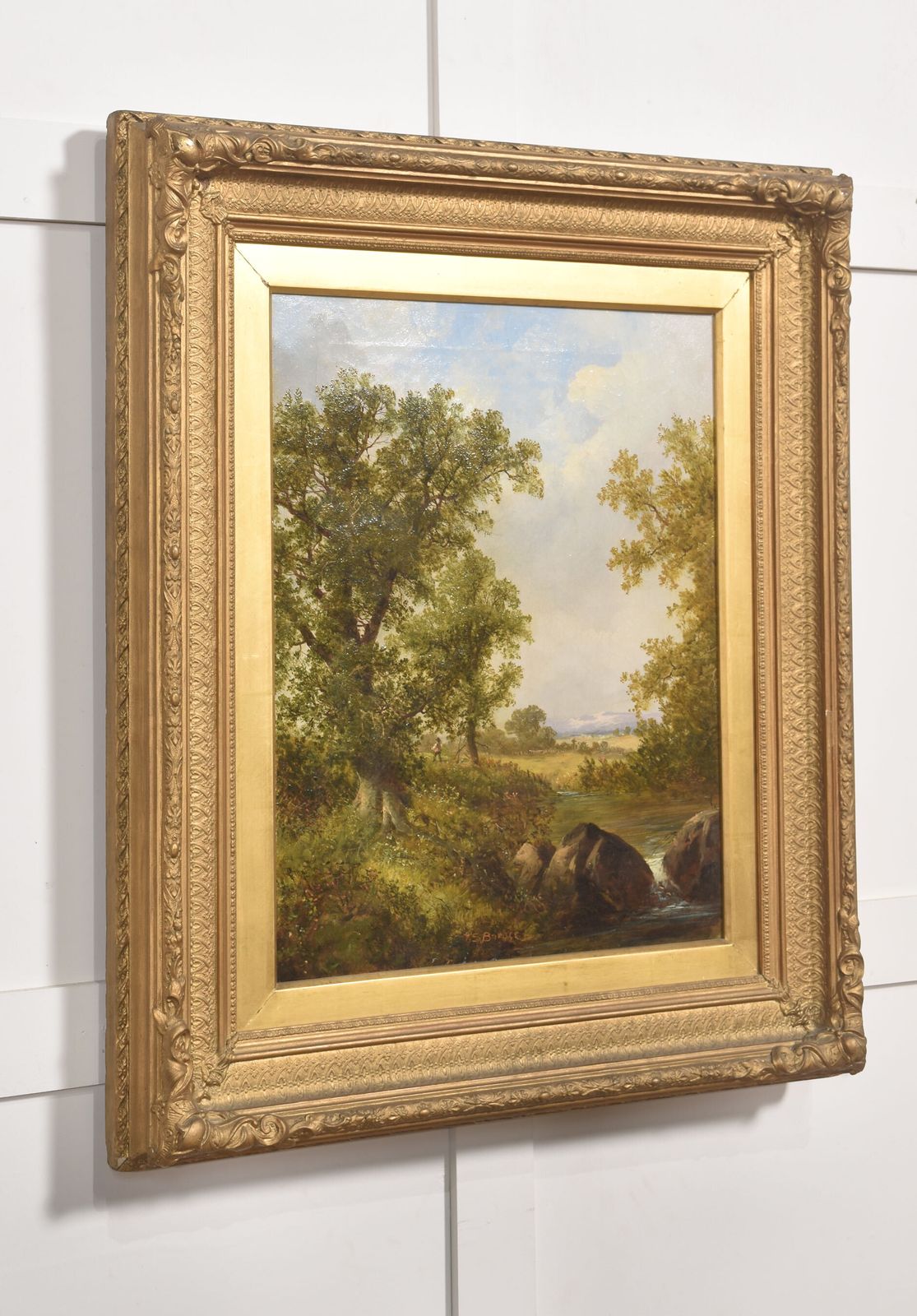 Oil On Canvas Depicting A Wooded River Landscape