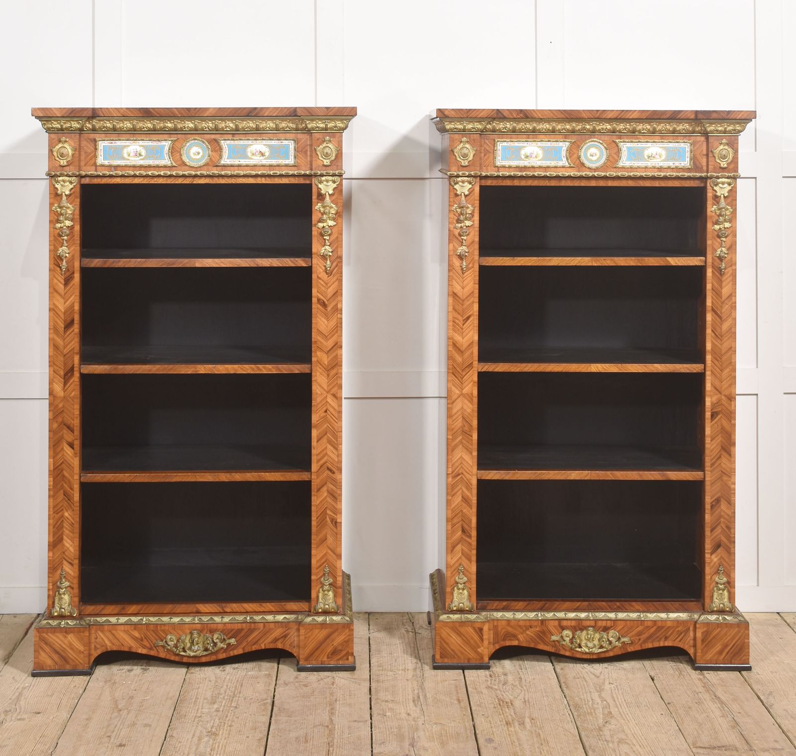 photo for sale Pair Of Exceptional Kingwood And Tulipwood Open Bookcases