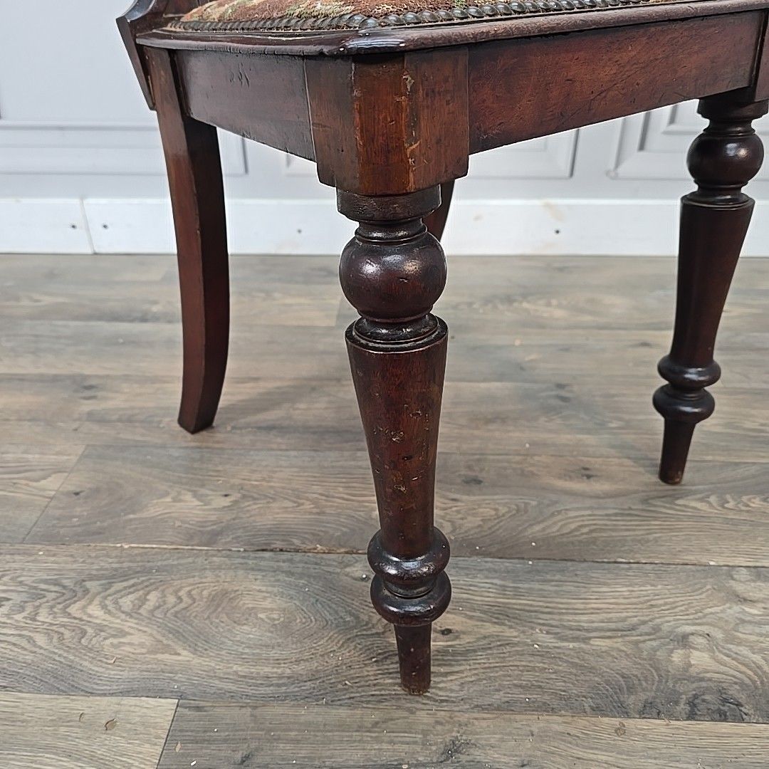Antique Victorian Hall Chair Carved Walnut Needlepoint Seat Wooden Vintage photo vinterior