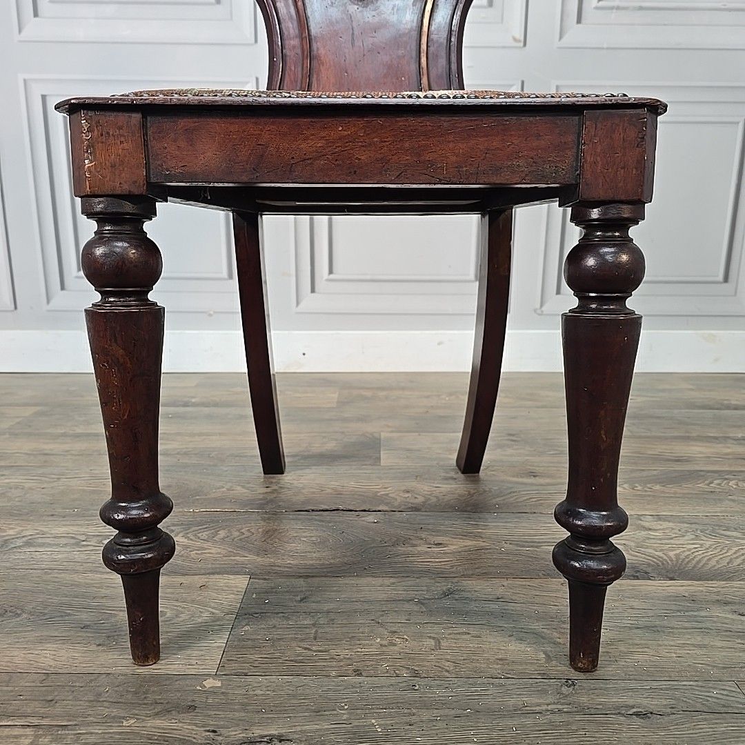 Antique Victorian Hall Chair Carved Walnut Needlepoint Seat Wooden Vintage photo vintage
