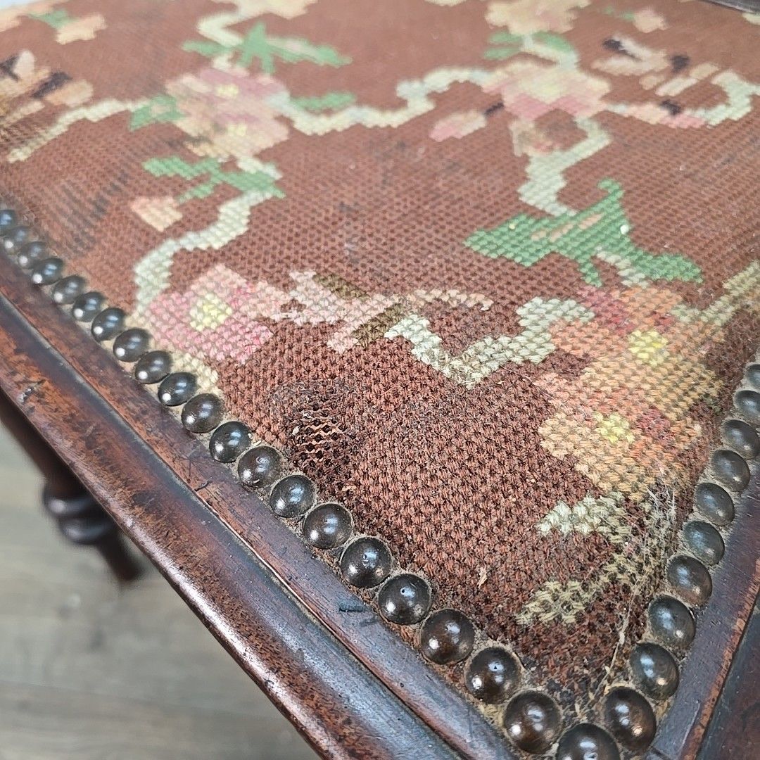 photo furniture Antique Victorian Hall Chair Carved Walnut Needlepoint Seat Wooden Vintage