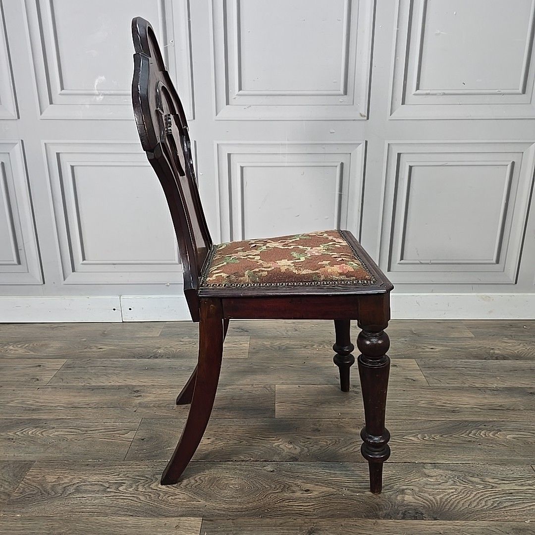 190.0 Antique Victorian Hall Chair Carved Walnut Needlepoint Seat Wooden Vintage photo