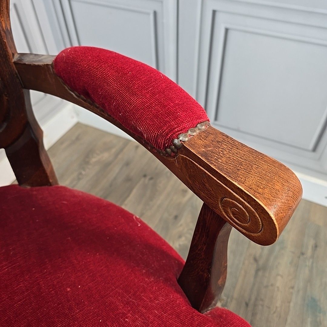 260.0 Victorian Style French Armchairs Pair Red Upholstered Carved Wooden Seats Chairs photo