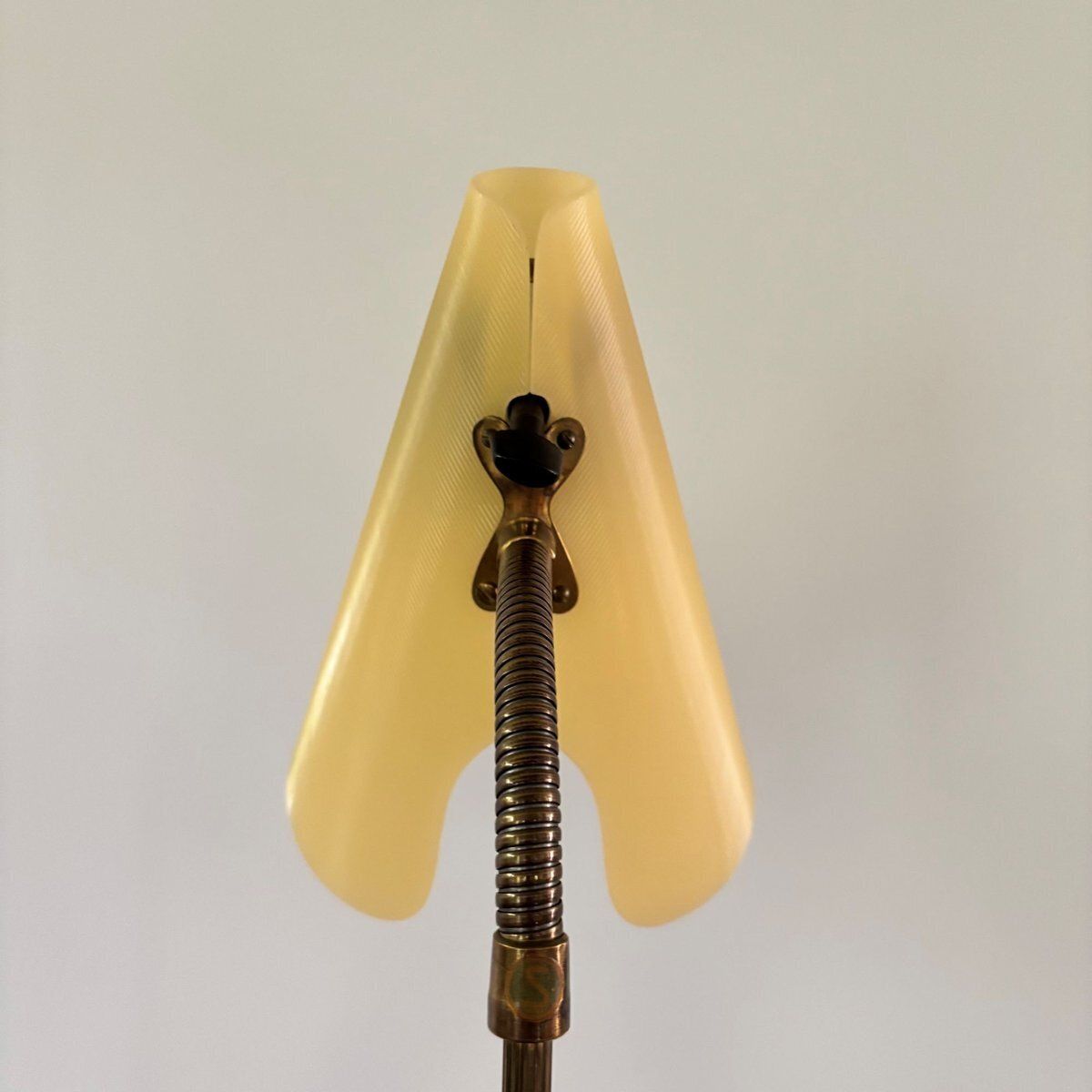 Mid Century Floor Lamp In Black Metal And Brass With Yellow Shade, Sweden, 1950s photo vinterior