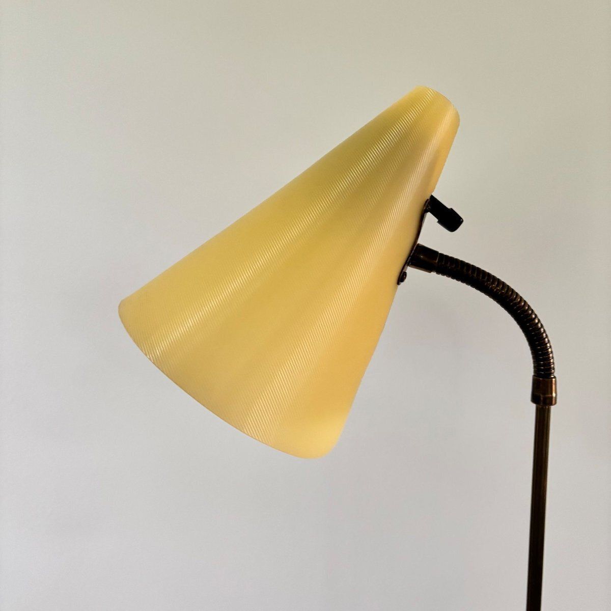 photo for sale Mid Century Floor Lamp In Black Metal And Brass With Yellow Shade, Sweden, 1950s