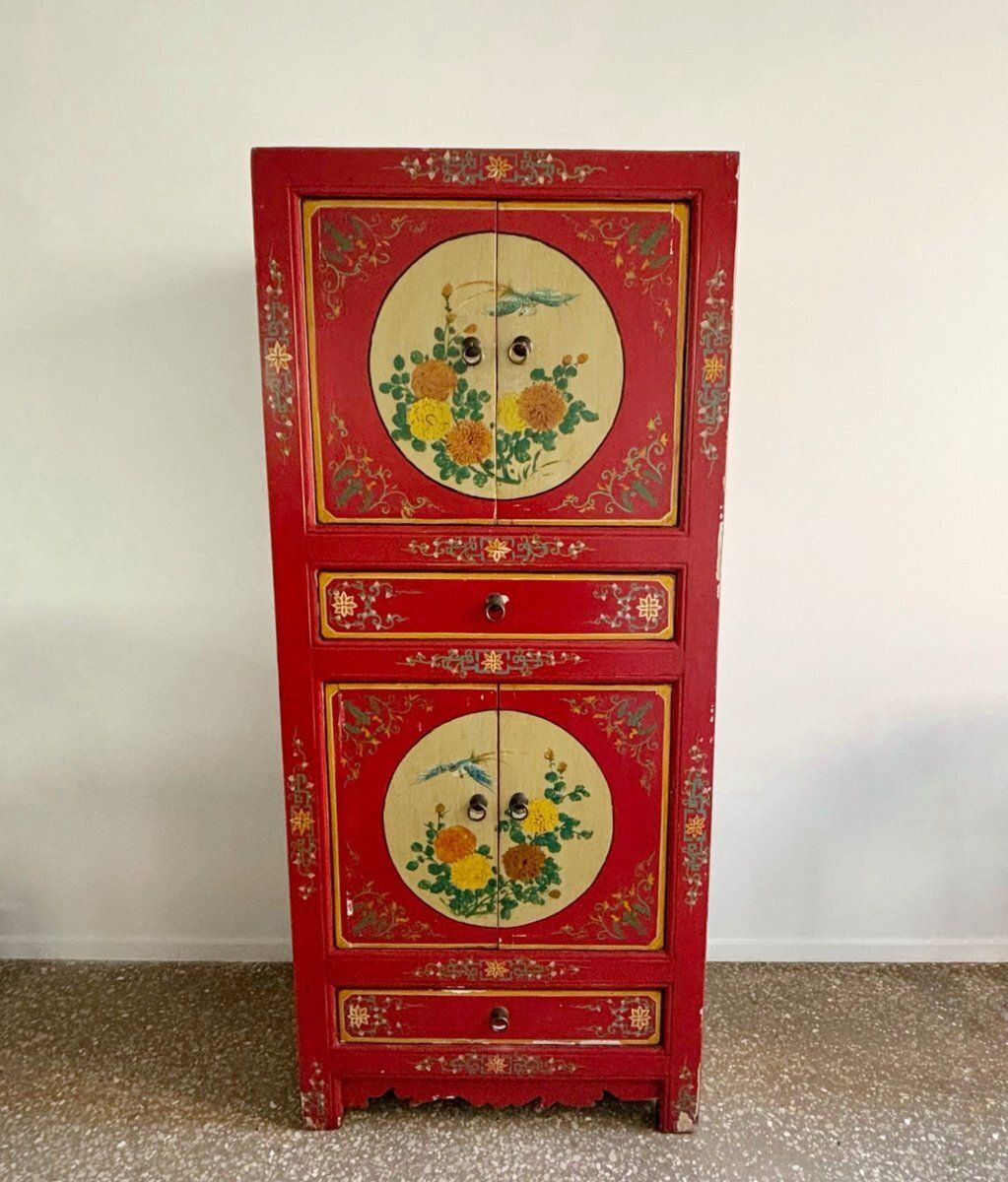 Chinoiserie Asian Wooden Cabinet With Flowers And Birds Decor photo furniture