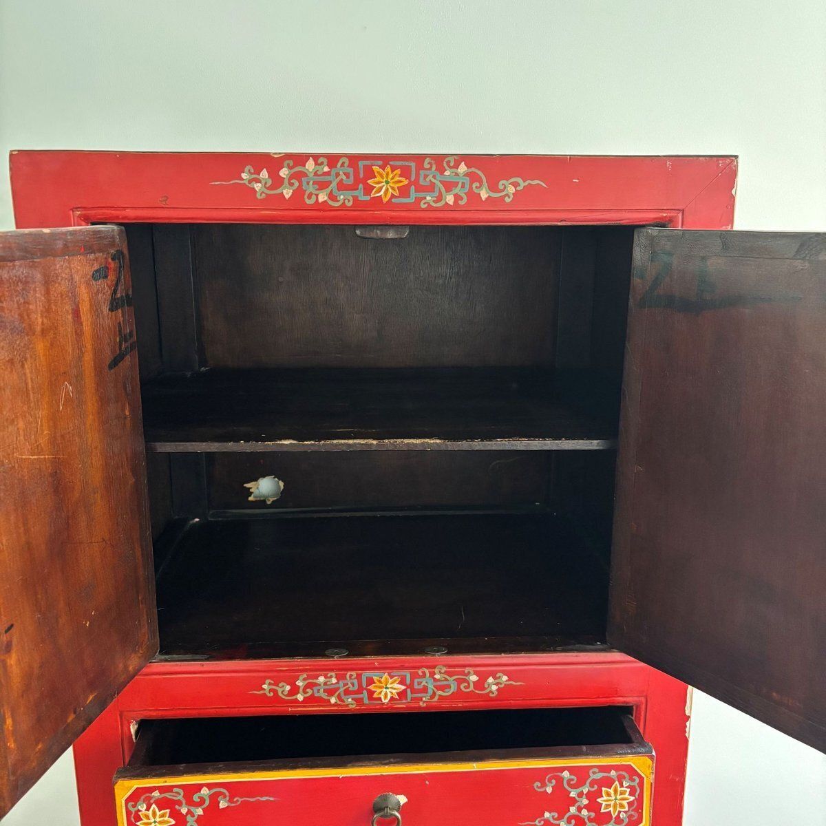 Chinoiserie Asian Wooden Cabinet With Flowers And Birds Decor photo for sale