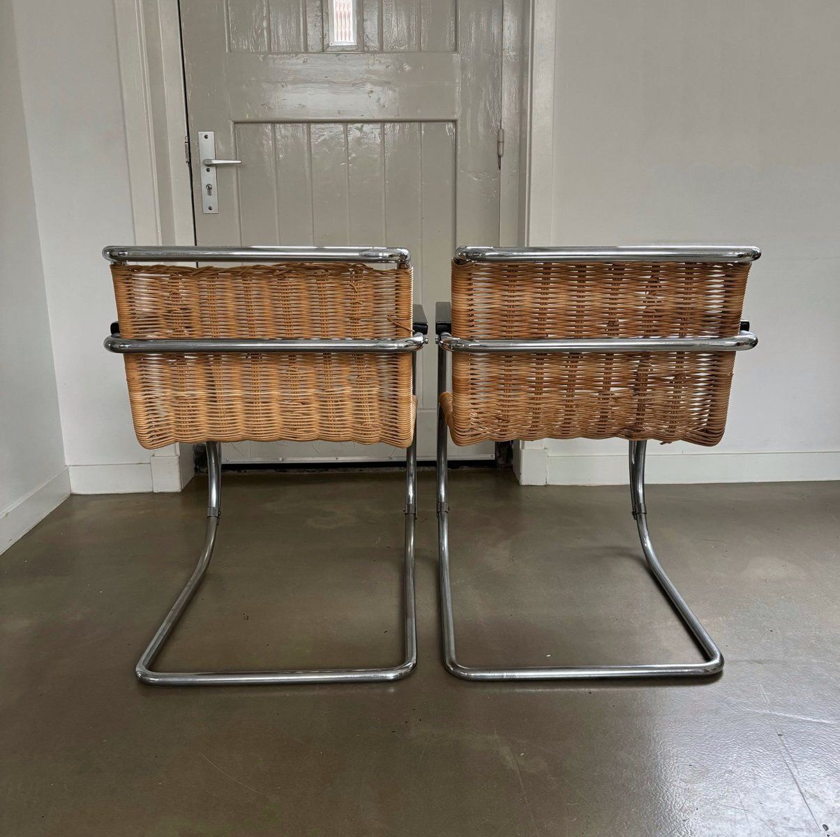 Rattan And Chromed Tubular Metal Lounge Chairs By Ludwig Mies Van Der Rohe, Set Of 2 photo 1256.0