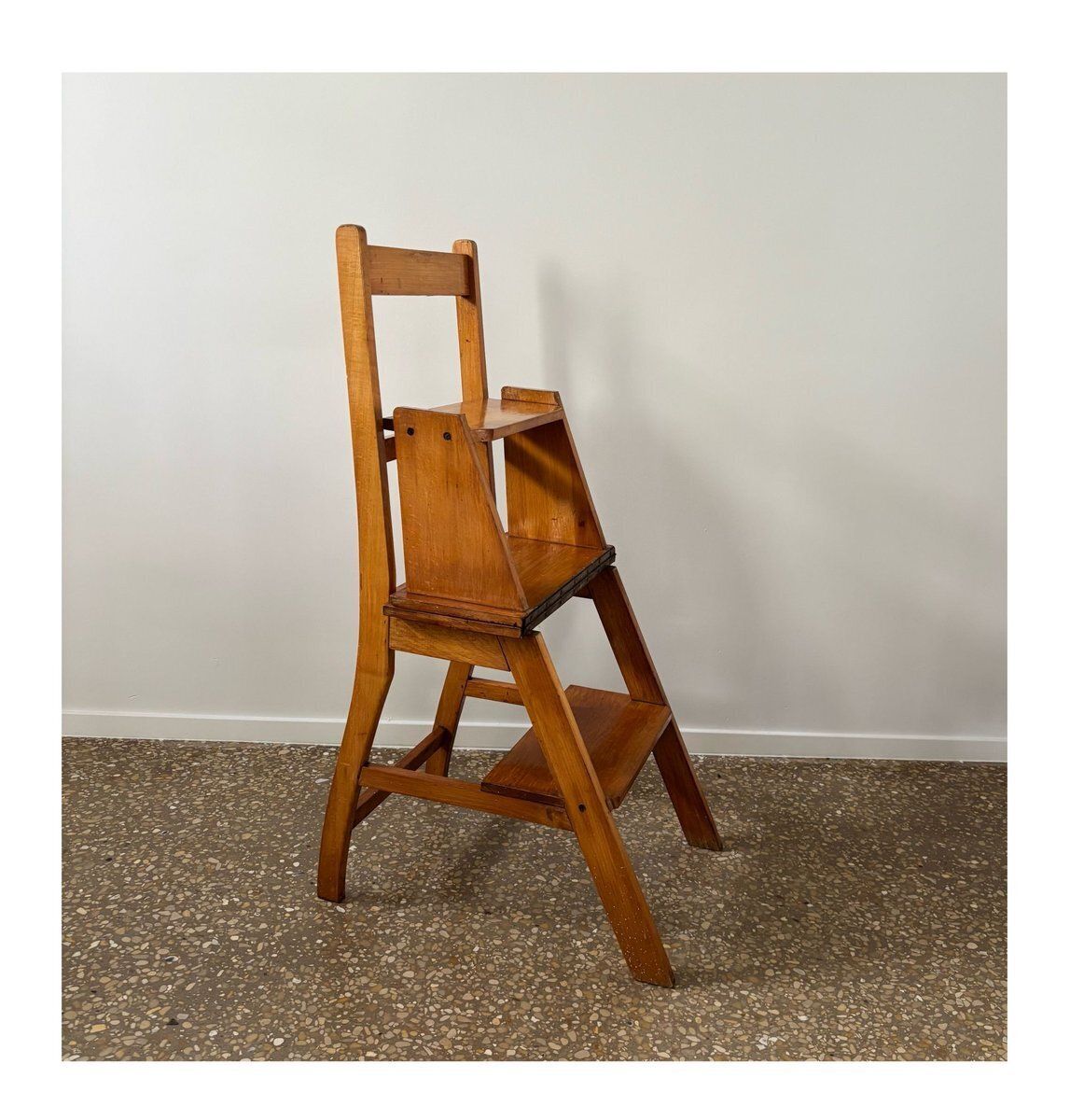 Oak Wooden Library Ladder And Chair, Netherlands, 1930s