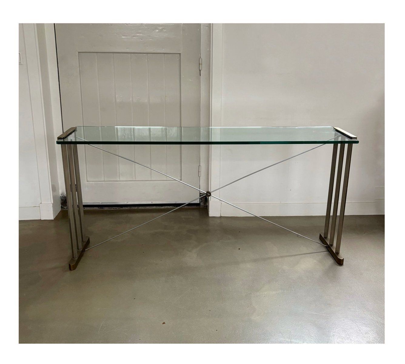 Console Table With Brass Details And Glass Top By Peter Ghyczy, 1970s