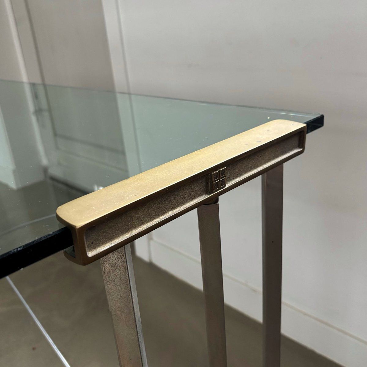 Console Table With Brass Details And Glass Top By Peter Ghyczy, 1970s photo vinterior