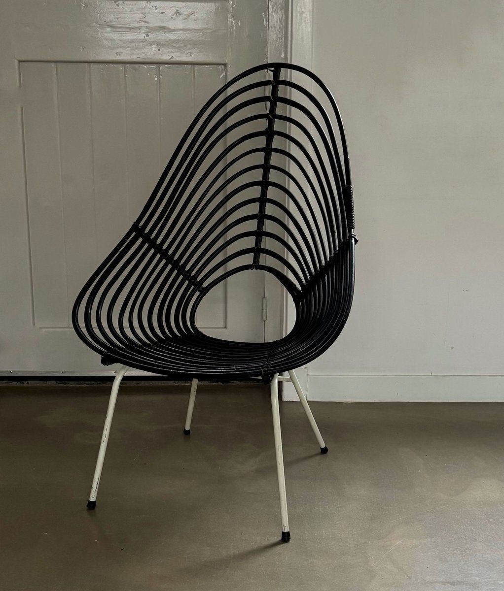 Blackened Rattan Lounge Chair By H. Broekhuizen For Rohé Noordwolde, The Netherlands, 1960s photo for sale
