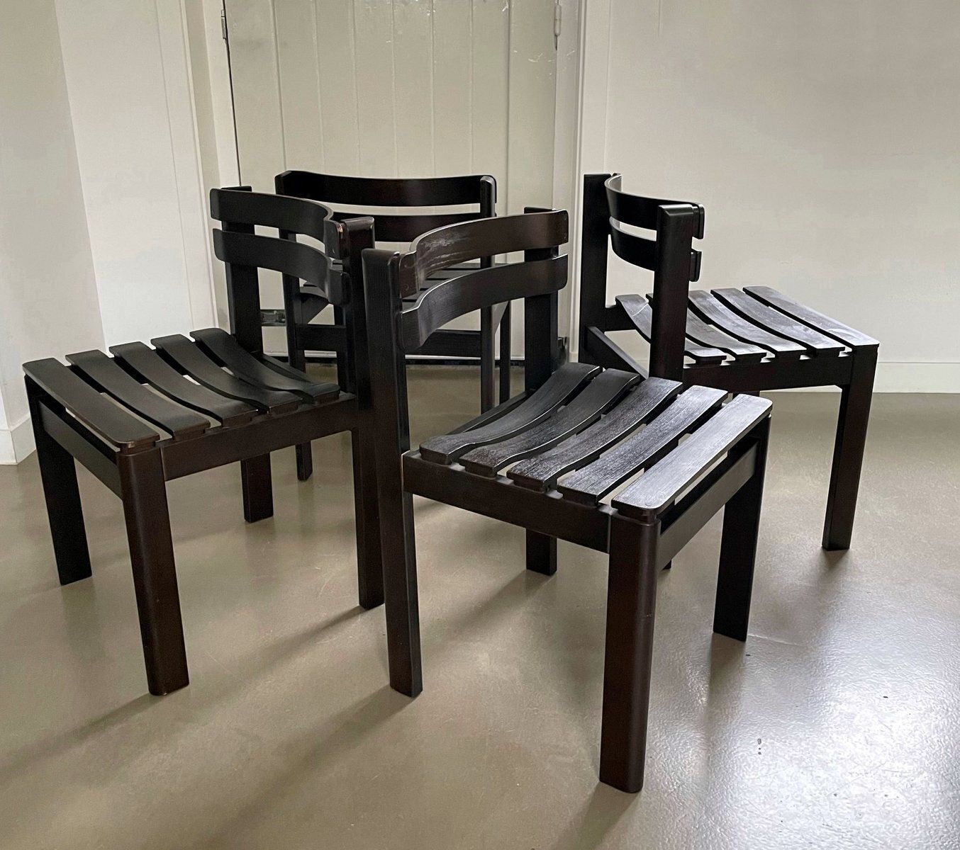 Dark Brown Wooden Slat Chairs, 1970s, Set Of 4 photo furniture