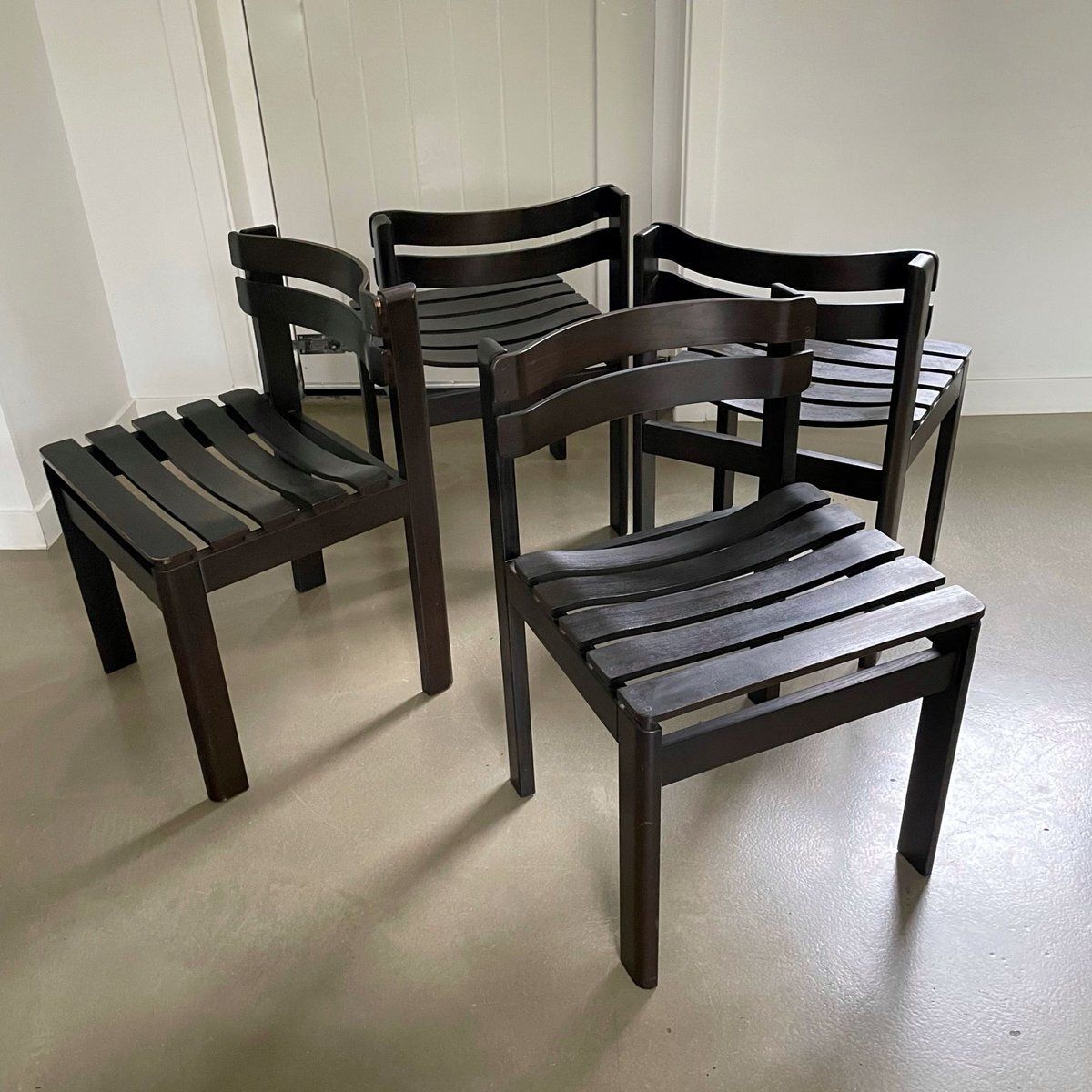 Dark Brown Wooden Slat Chairs, 1970s, Set Of 4 photo for sale