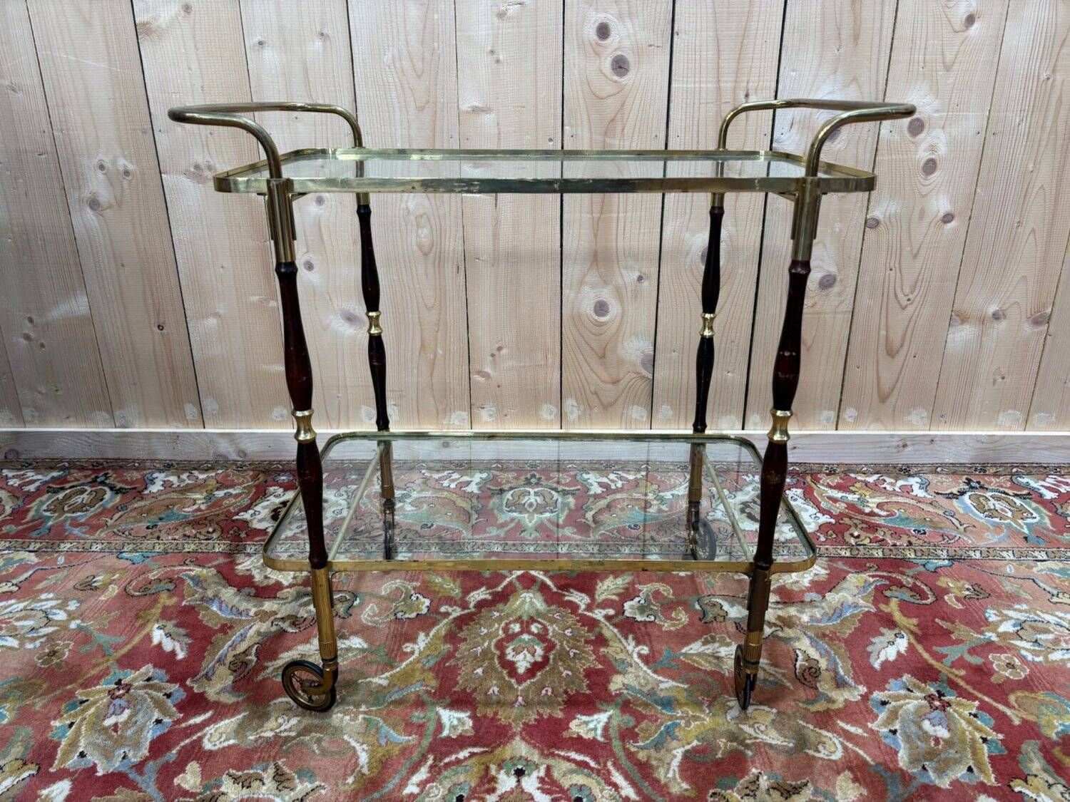 Glass, Brass, And Wood Side Table From The 1950s/60s. photo for sale