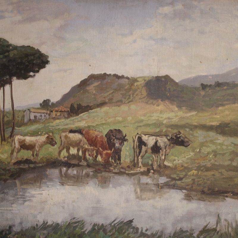 Peinture de paysage bucolique signée Giron, début du XXe siècle photo for sale