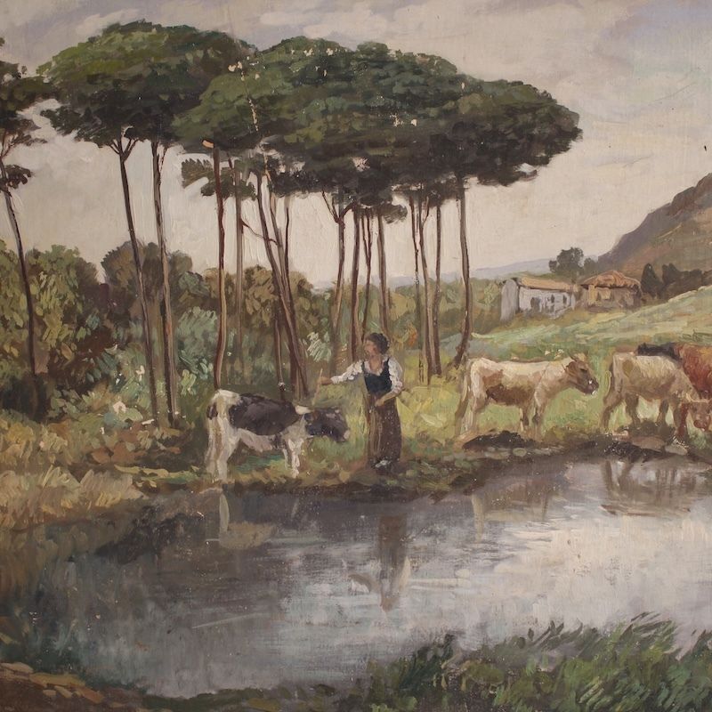Peinture de paysage bucolique signée Giron, début du XXe siècle photo Art