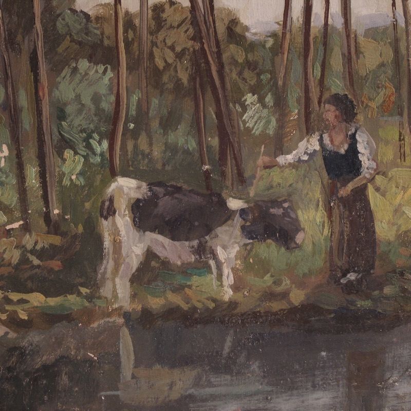Peinture de paysage bucolique signée Giron, début du XXe siècle photo vintage