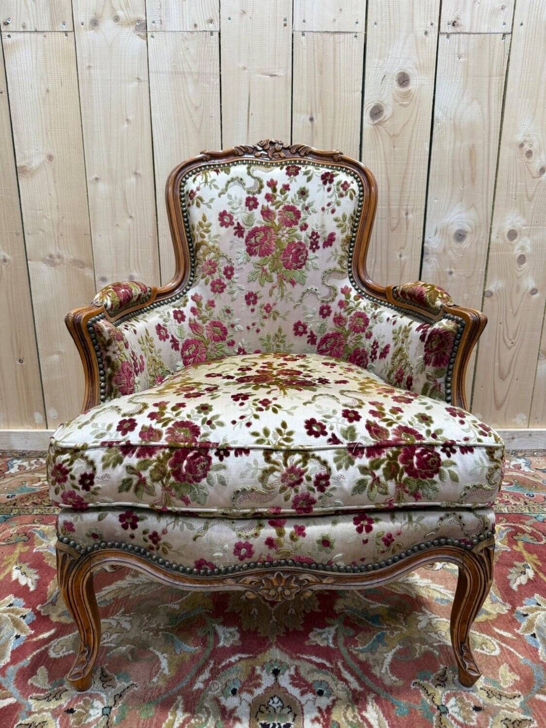 Elegant Louis XV Style Bergère In Cherry Wood And Floral Velvet. photo buy