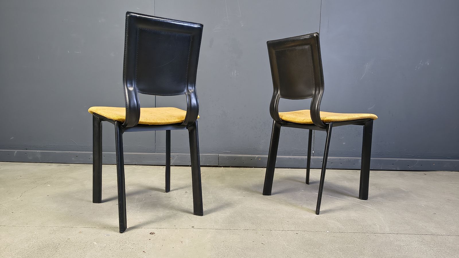 Vintage Black Leather And Yellow Fabric Dining Chairs, Set Of 6, 1980s photo 1150.0