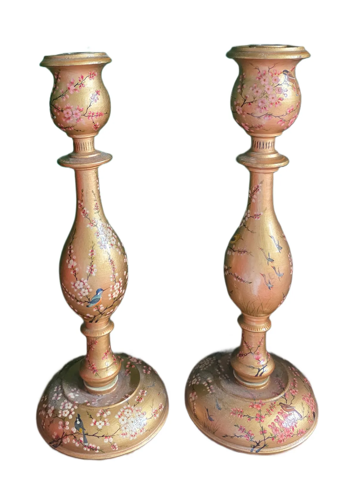 Vintage Early 1900s Kashmiri Hand Painted Candlestick/Lamp Base Pair – Gold Floral & Bird Motif
