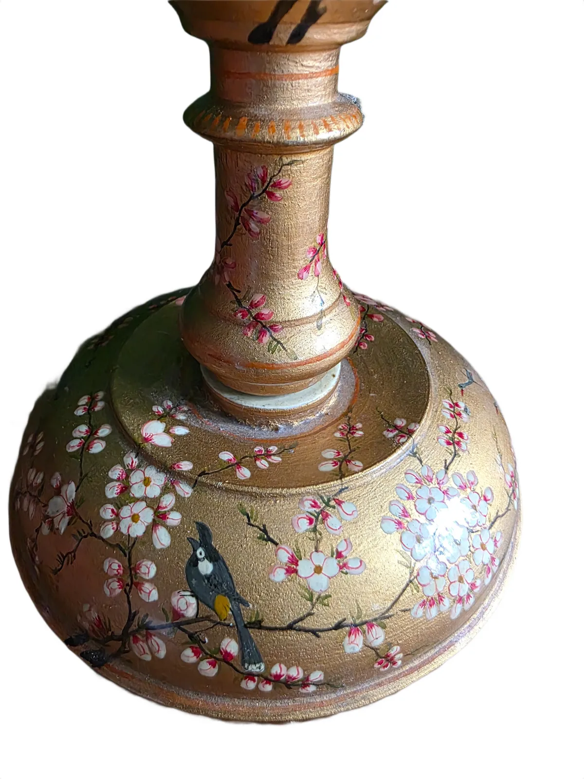 Vintage Early 1900s Kashmiri Hand Painted Candlestick/Lamp Base Pair – Gold Floral & Bird Motif photo Lighting
