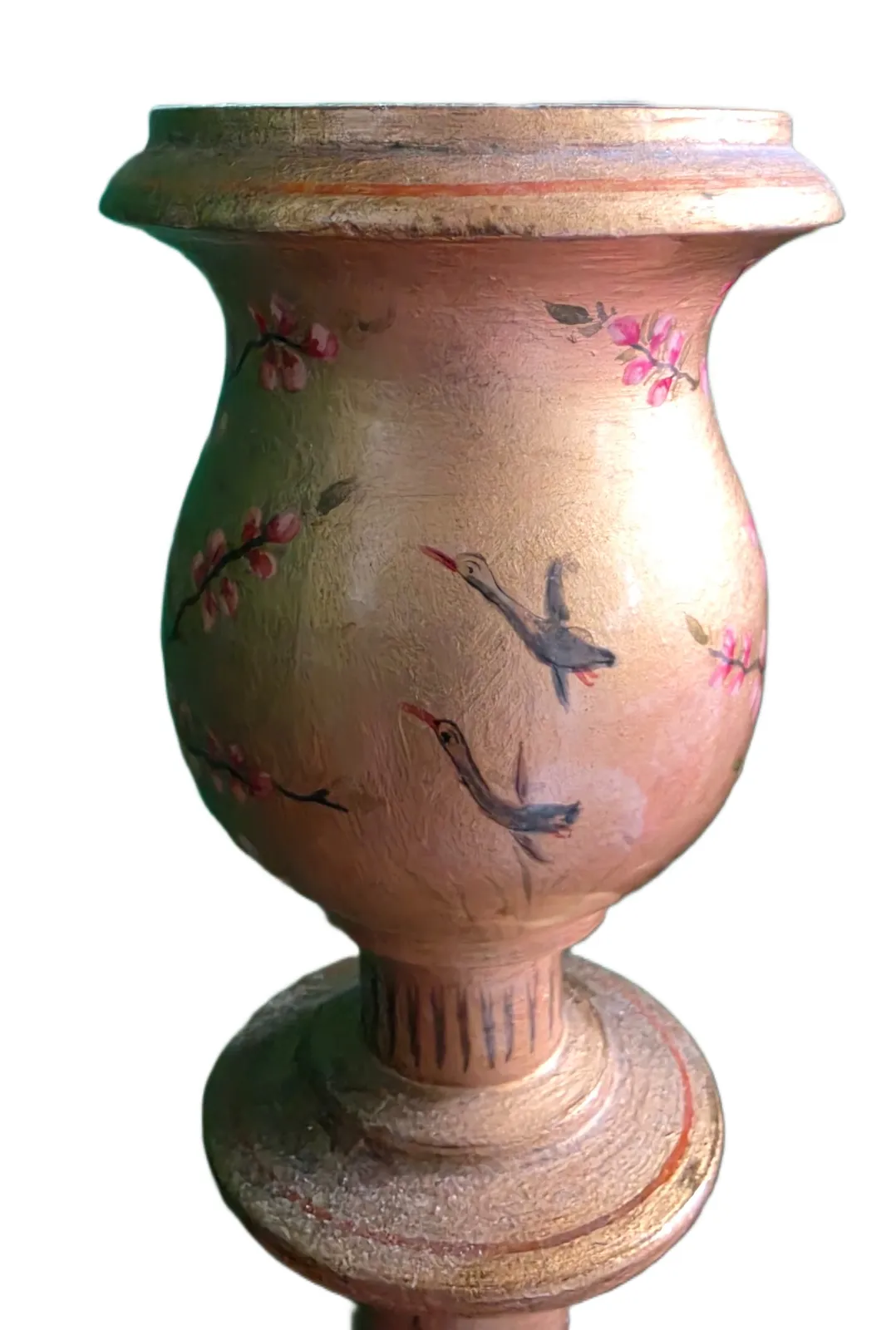 Vintage Early 1900s Kashmiri Hand Painted Candlestick/Lamp Base Pair – Gold Floral & Bird Motif photo vintage