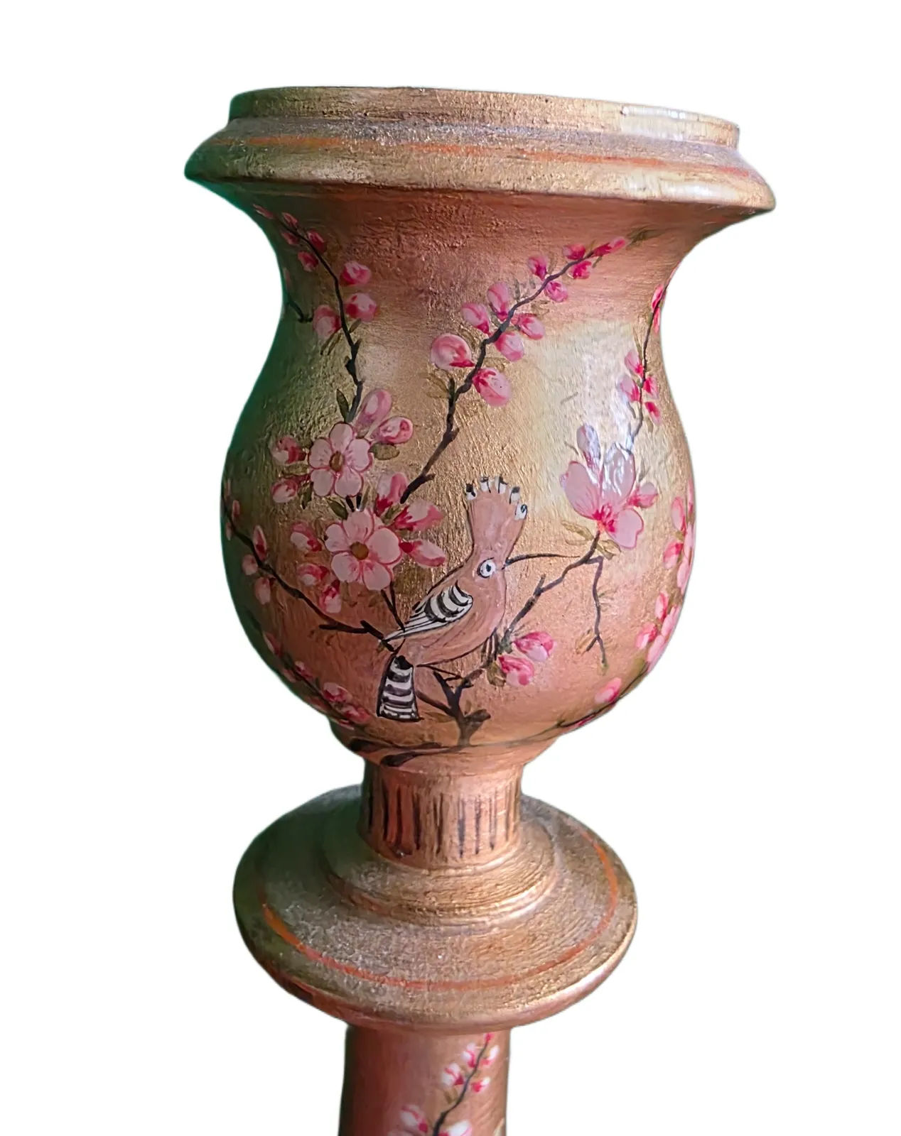 photo furniture Vintage Early 1900s Kashmiri Hand Painted Candlestick/Lamp Base Pair – Gold Floral & Bird Motif