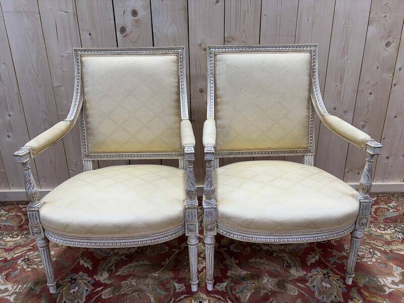 Pair Of Louis XVI Style Armchairs In Patinated Wood photo furniture