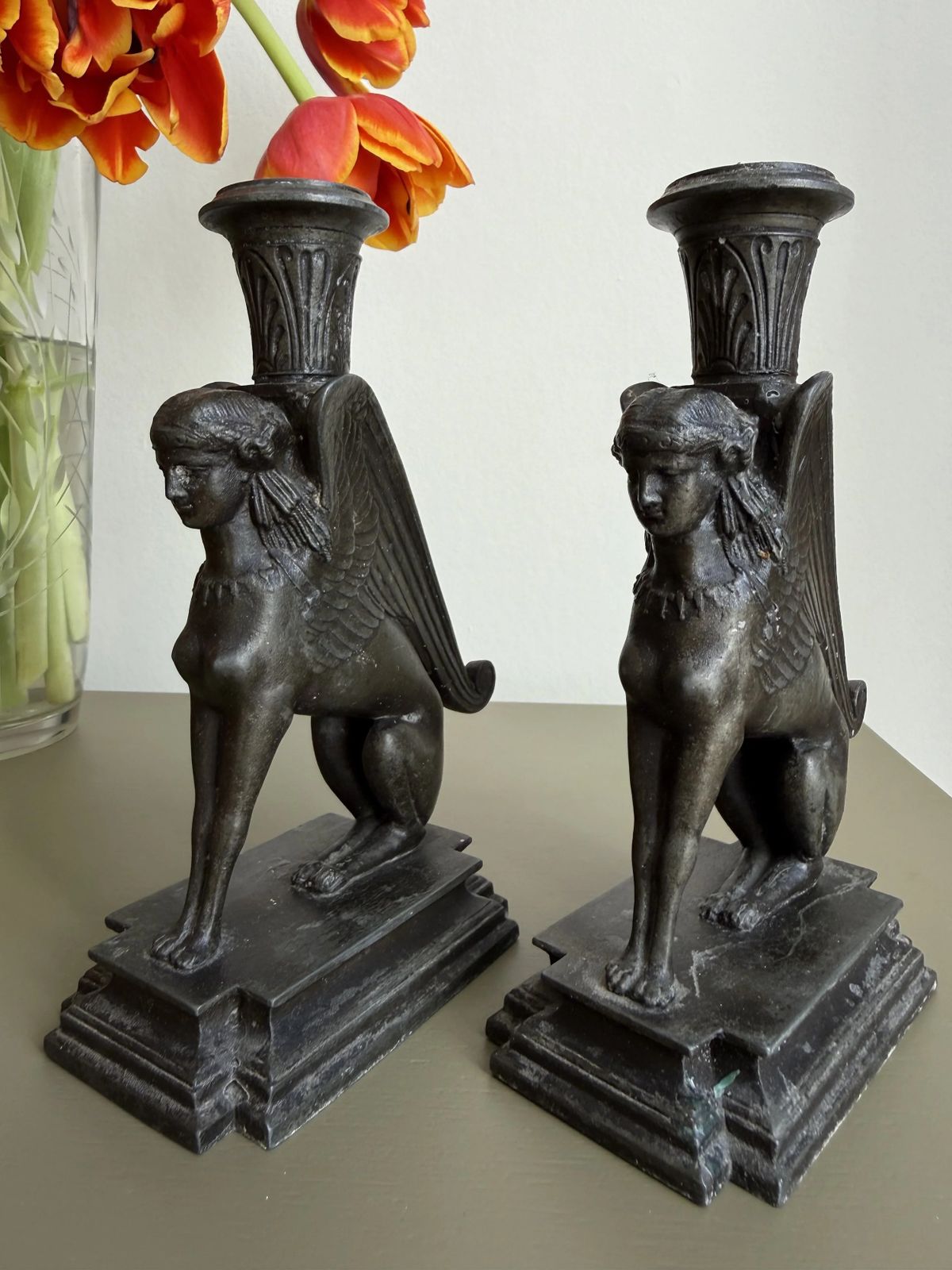 Pair Of 19th Century French Spelter Gryphon Candles Holders photo Home Decor