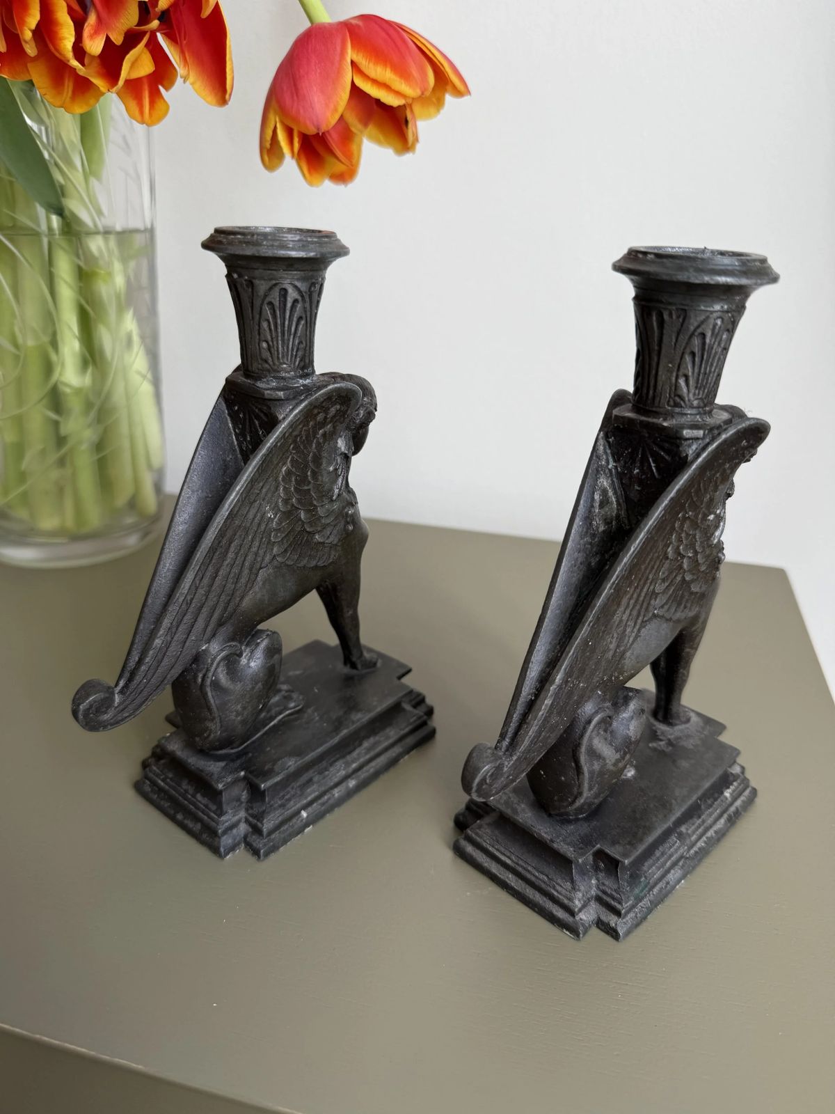 Pair Of 19th Century French Spelter Gryphon Candles Holders photo 495.0