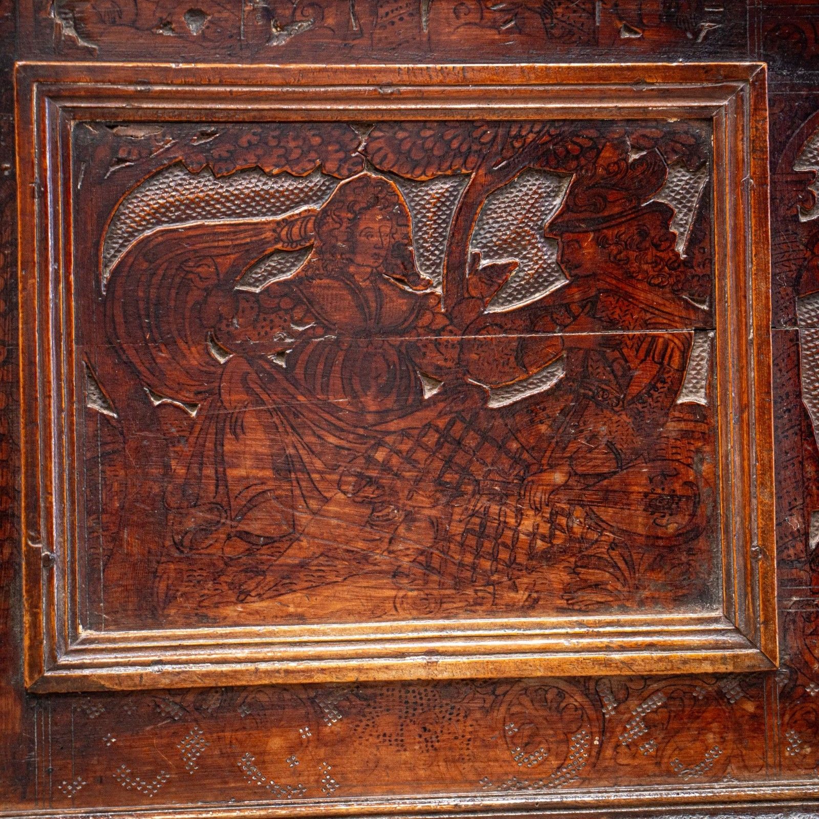 16th Century Walnut Pokerwork Coffer Or Marriage Chest photo for sale
