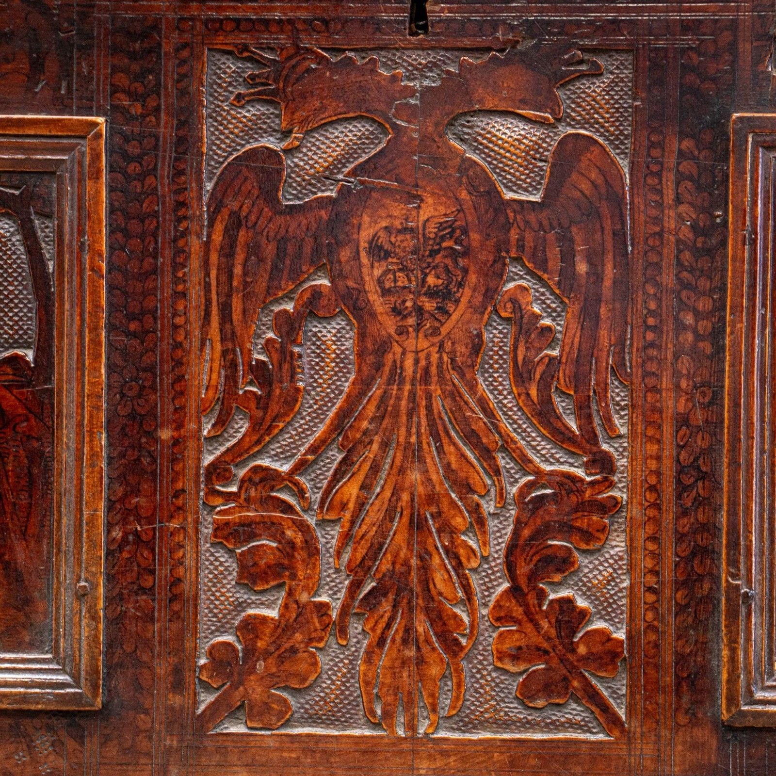 16th Century Walnut Pokerwork Coffer Or Marriage Chest photo Furniture
