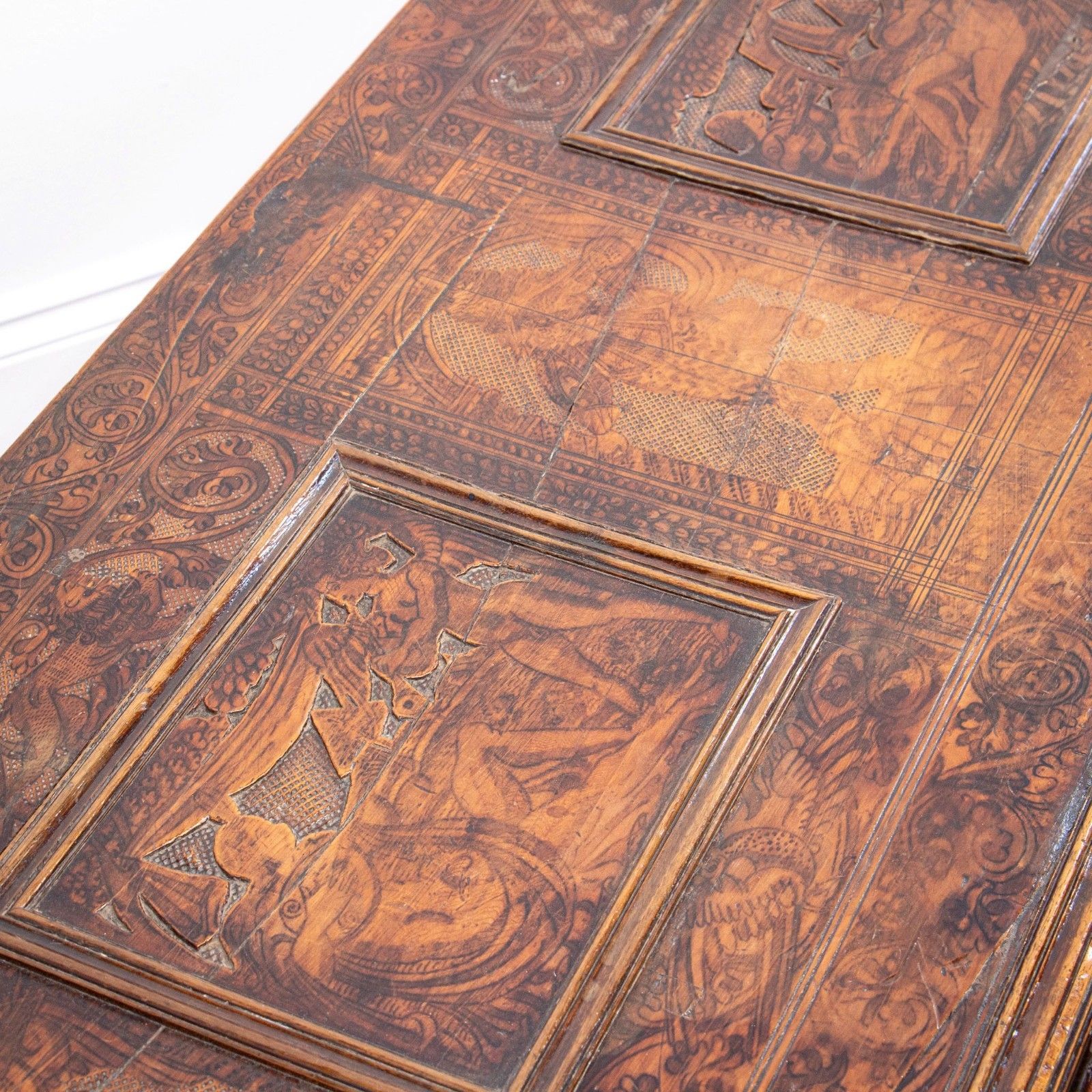 16th Century Walnut Pokerwork Coffer Or Marriage Chest photo vintage