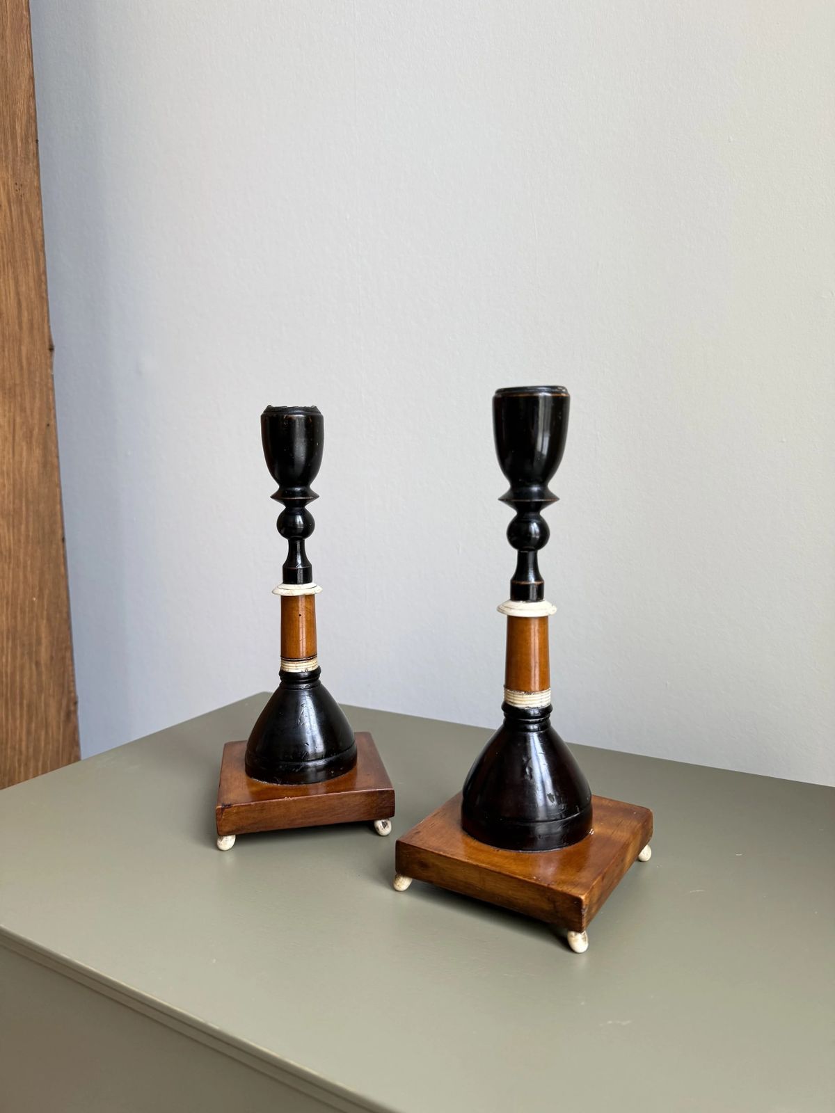 A Pair Of 19 Century Wooden Candle Holders photo 490.0