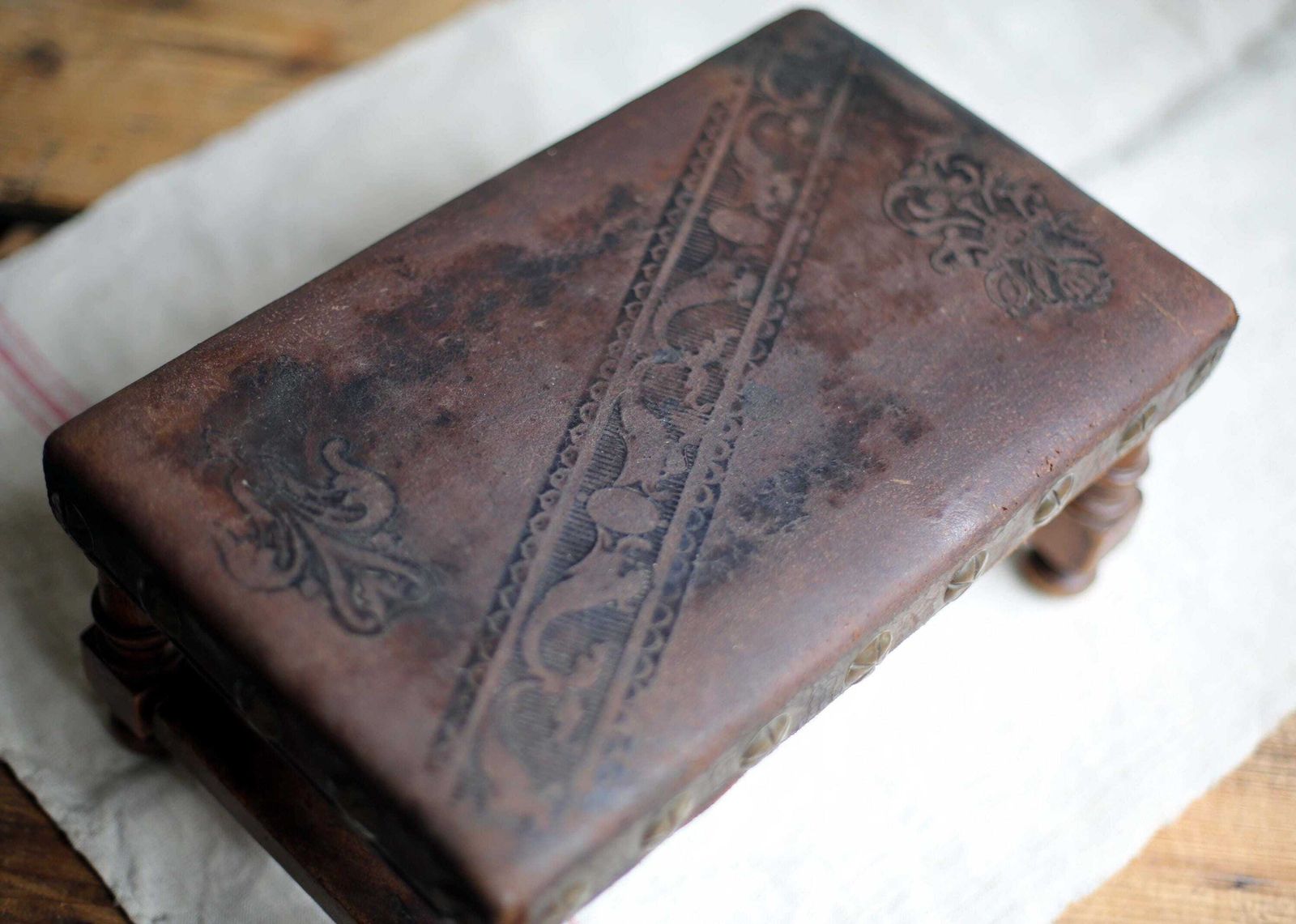 French Antique Foot Stool Cuir De Cordoue Wood And Leather Footstool photo vinterior