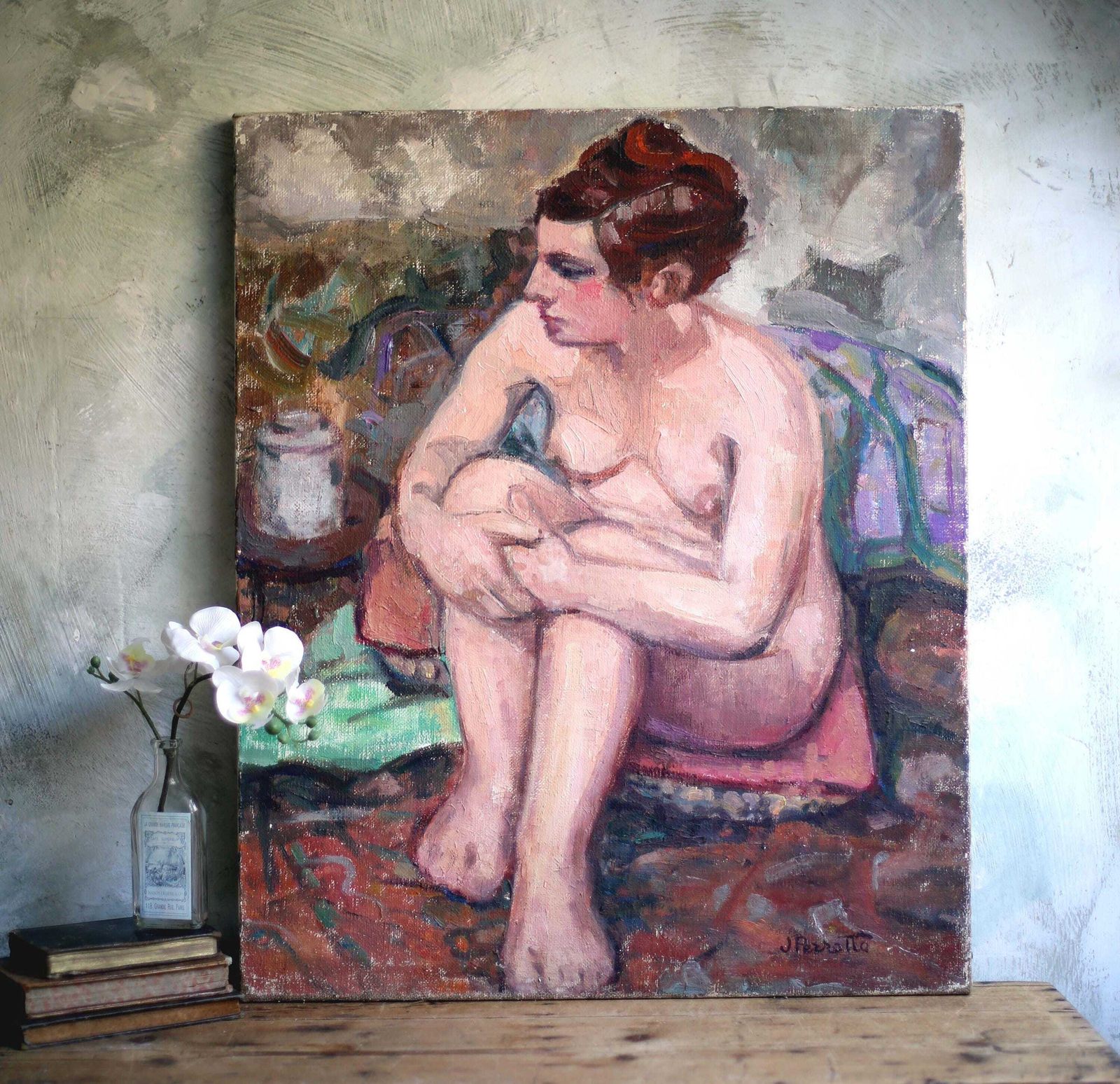 Large Original Nude Female Painting French Oil On Canvas Seated Woman