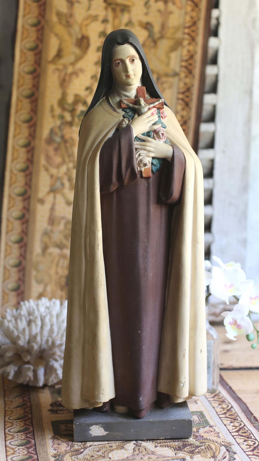 Huge French Antique Chalkware Saint Teresa Large Polychrome Sainte Therese Statue photo furniture