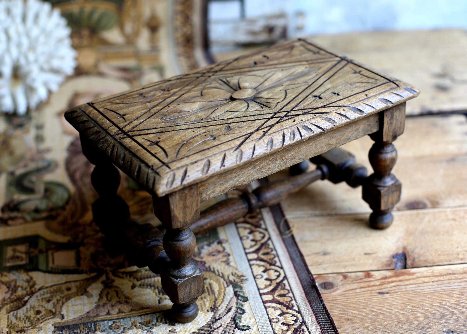 French Antique Foot Stool Hand Carved Wooden Footstool Small Display Stand photo furniture