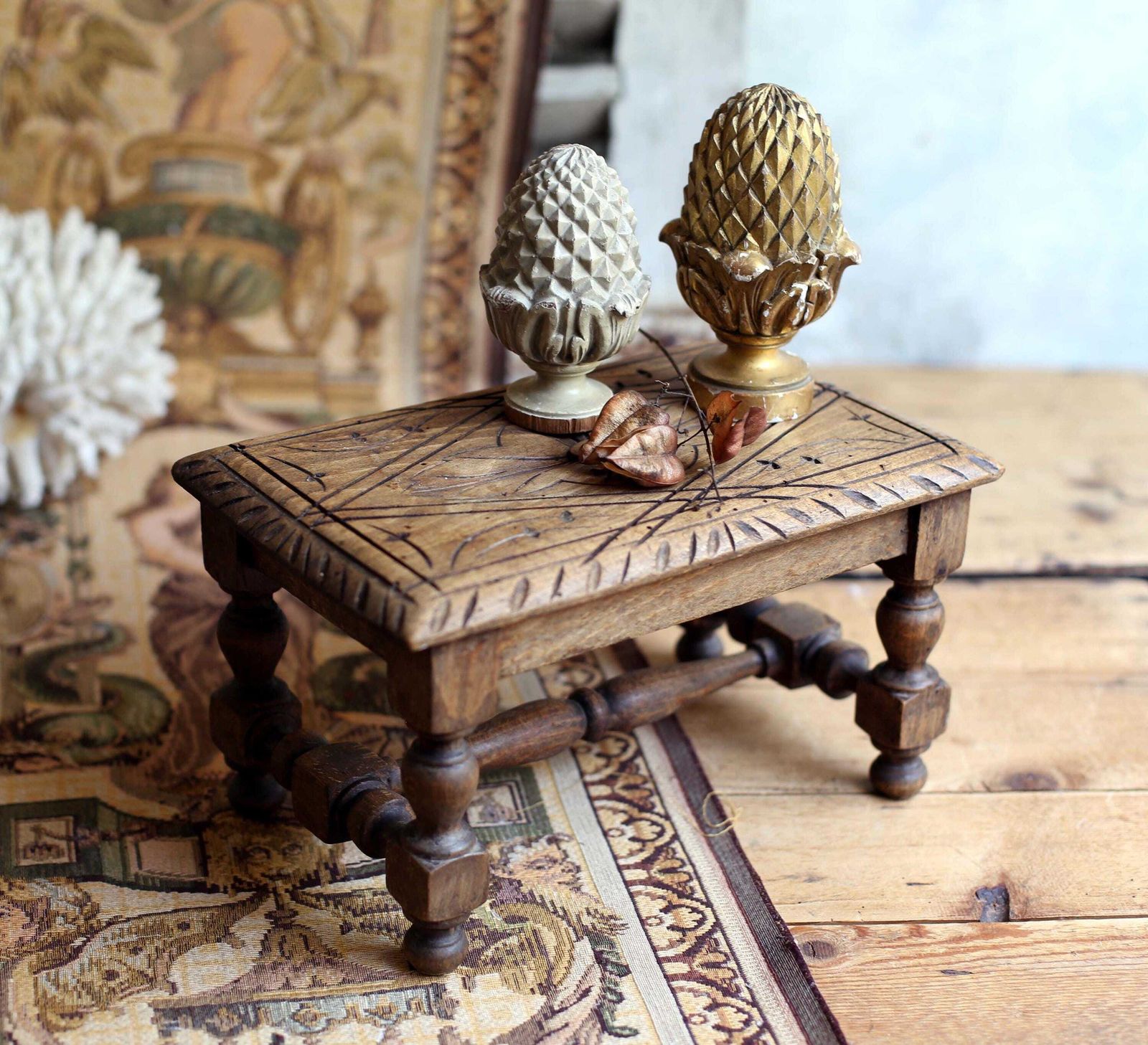 French Antique Foot Stool Hand Carved Wooden Footstool Small Display Stand photo for sale