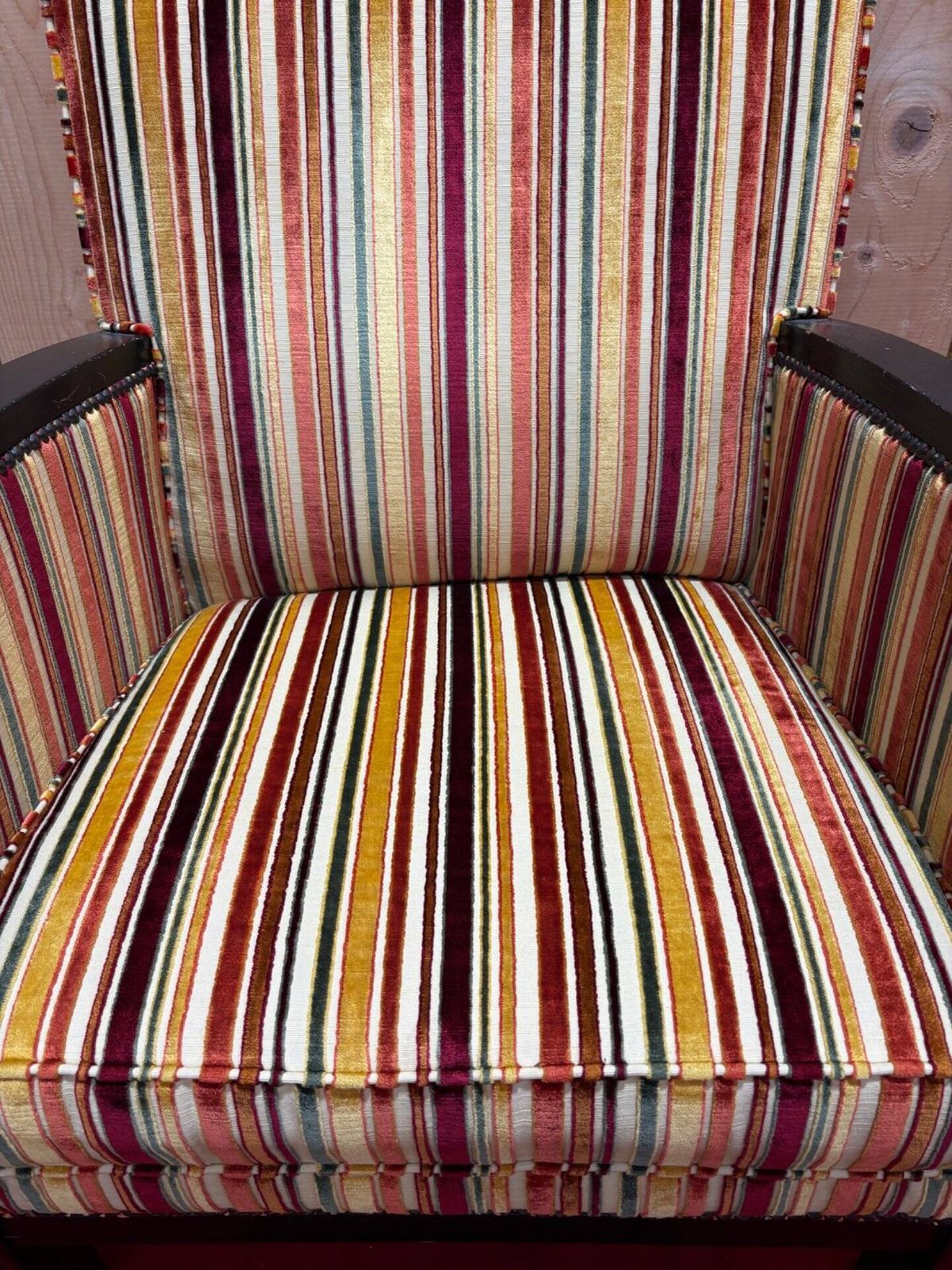 Art Deco Armchair In Multicolored Striped Fabric And Its Footrest photo for sale