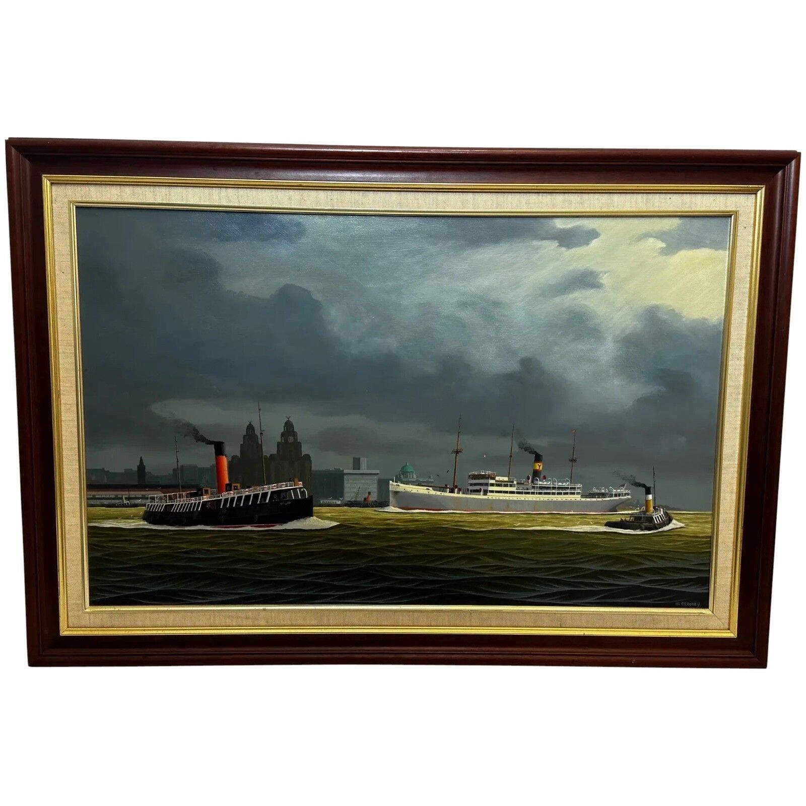 20th Century Oil Painting Alca Passenger Cargo Ship Yeoman Line & Steam Ferry Boat Claughton