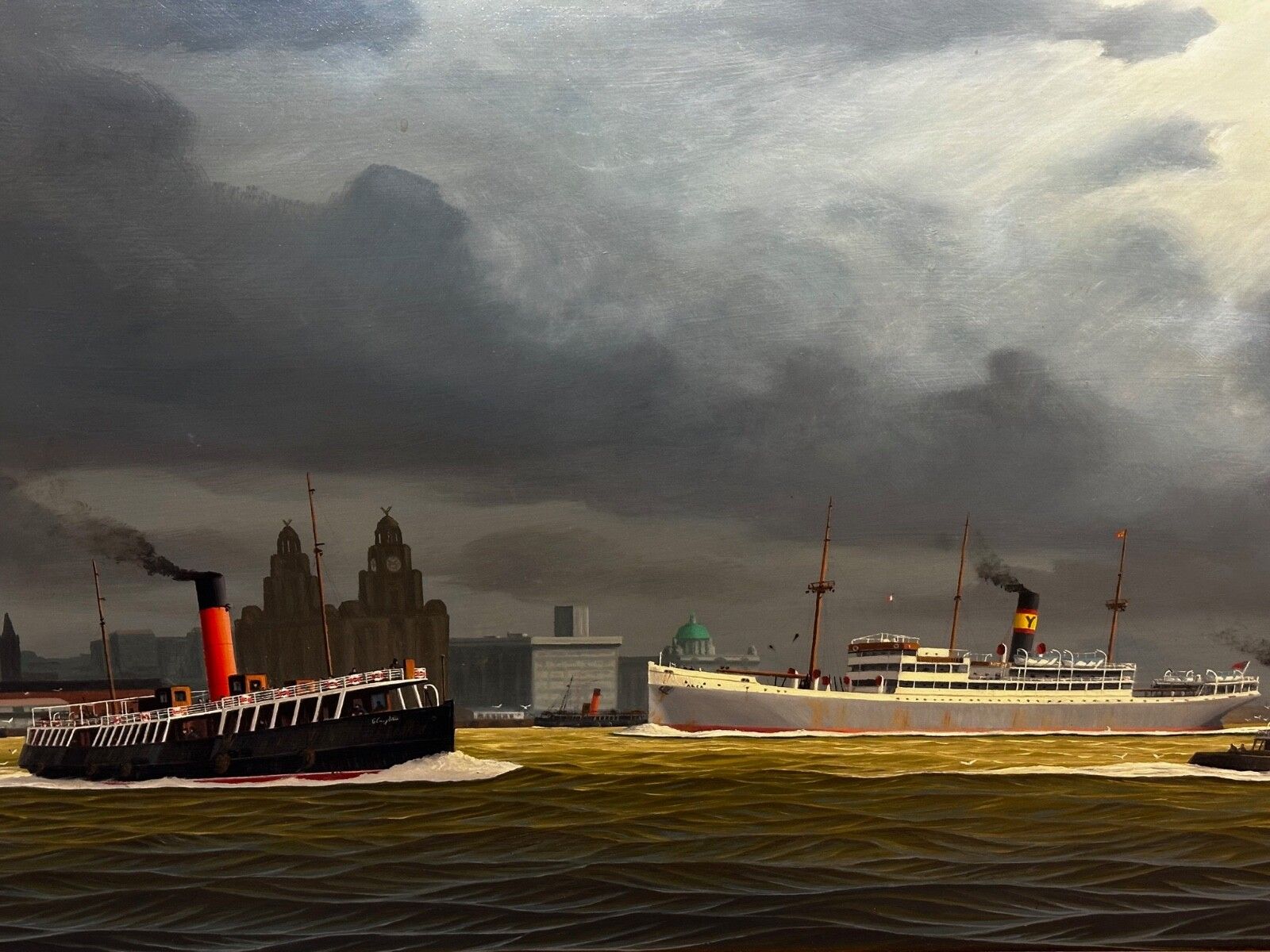 20e-eeuws olieverfschilderij Alca passagiers-vrachtschip Yeoman Line en stoomveerboot Claughton photo furniture